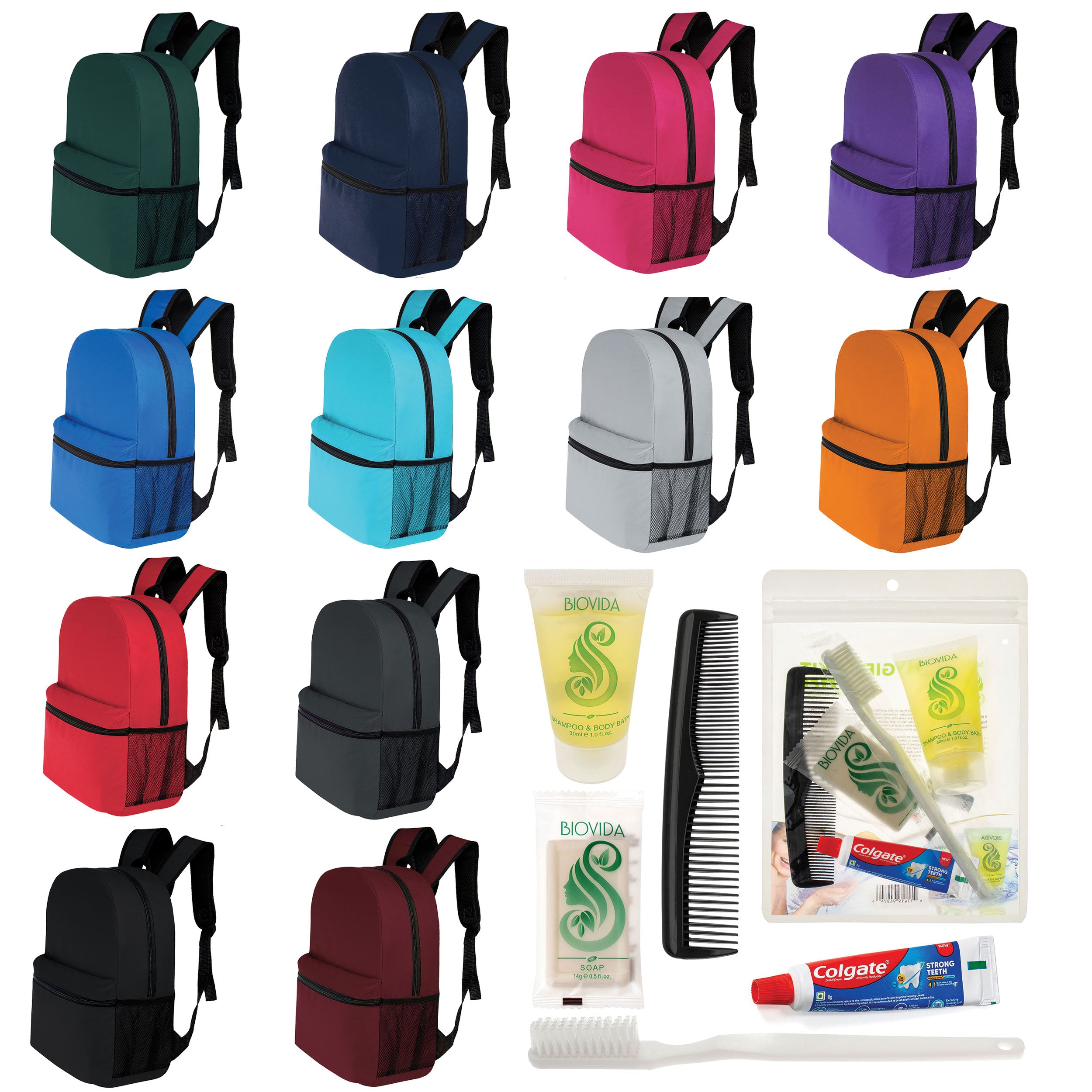 12 Basic 17" Backpacks in 12 Colors with a Side Pocket & Your Choice of 12 Bulk Hygiene Kits - Wholesale Care Package: Homeless, Emergency, Charity
