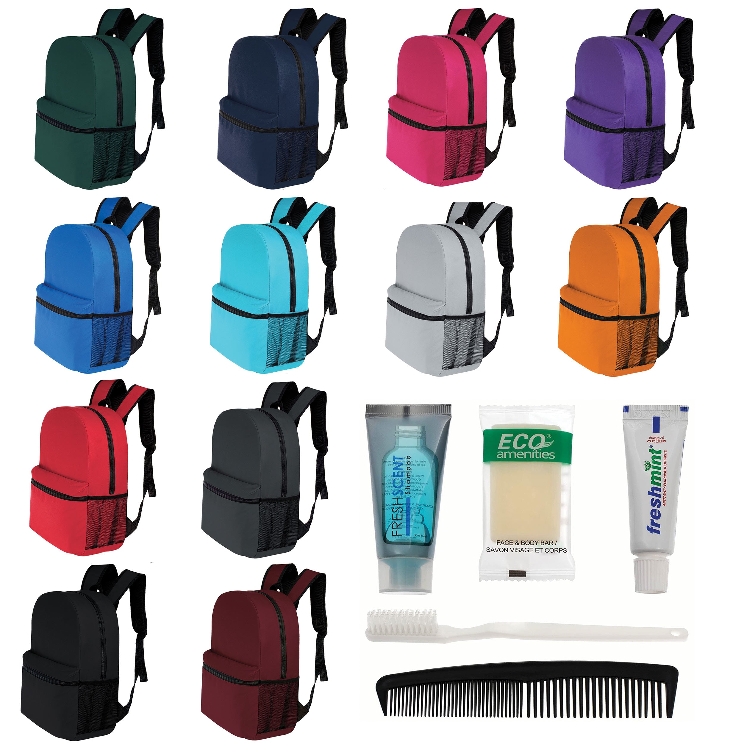 12 Basic 17" Backpacks in 12 Colors with a Side Pocket & Your Choice of 12 Bulk Hygiene Kits - Wholesale Care Package: Homeless, Emergency, Charity