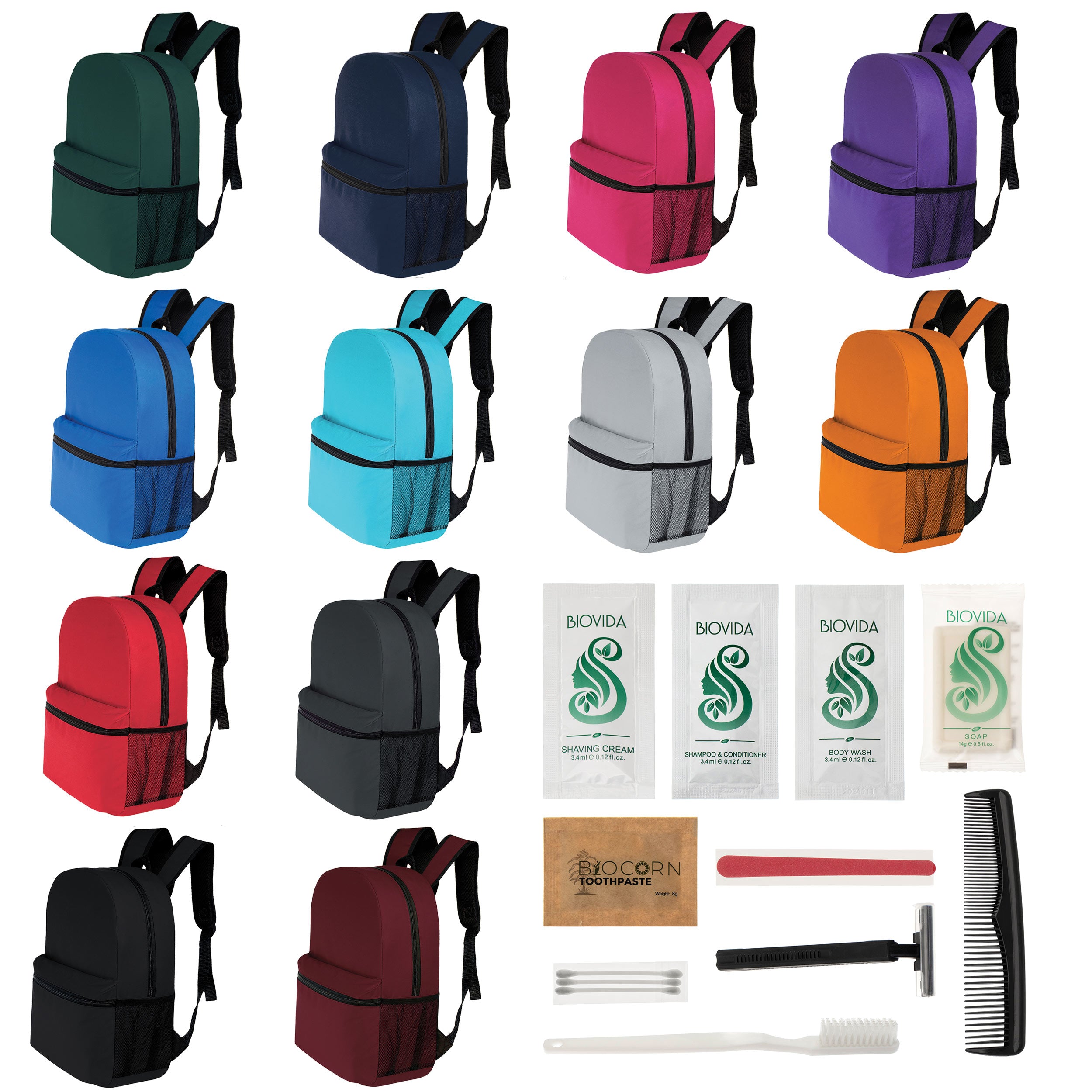 12 Basic 17" Backpacks in 12 Colors with a Side Pocket & Your Choice of 12 Bulk Hygiene Kits - Wholesale Care Package: Homeless, Emergency, Charity