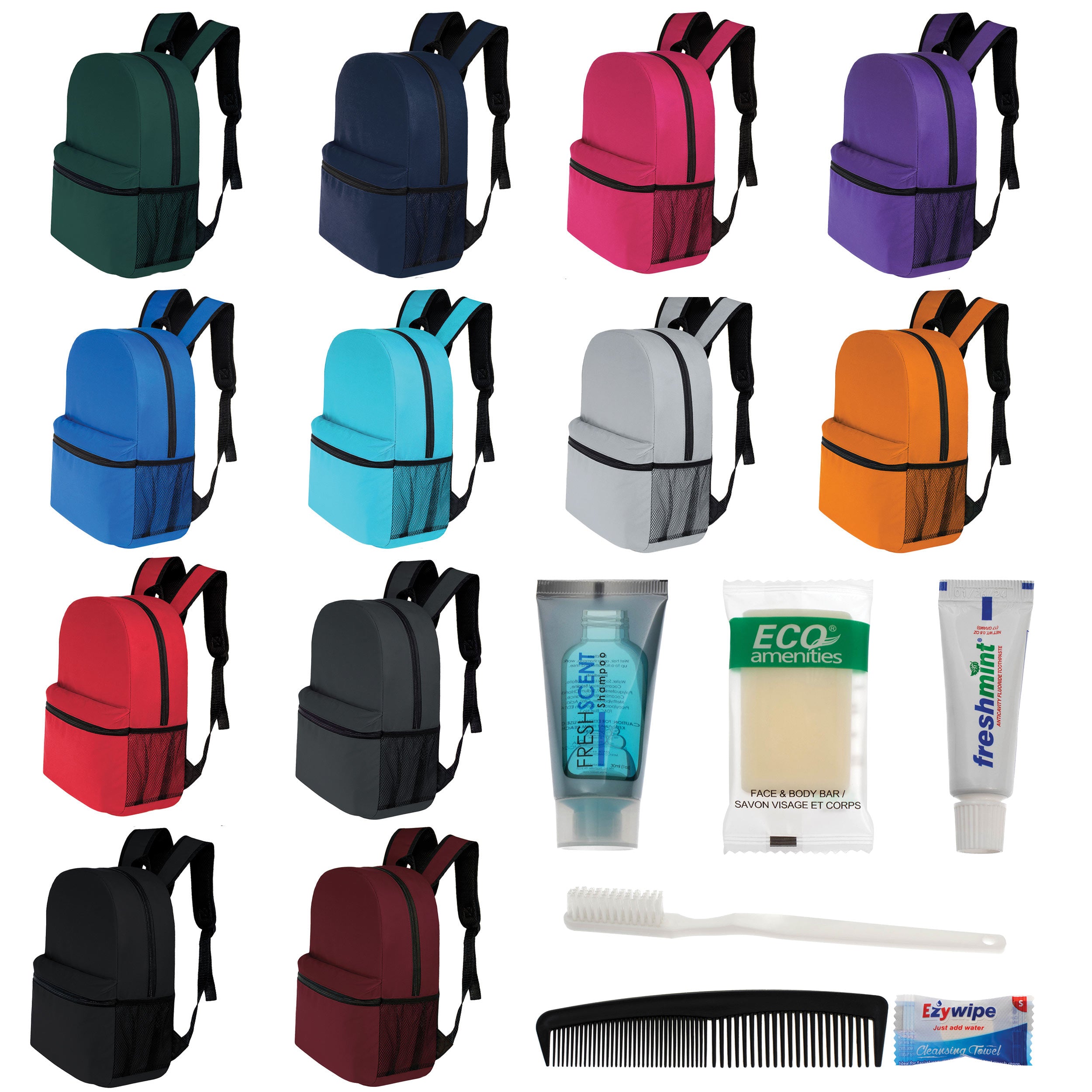 12 Basic 17" Backpacks in 12 Colors with a Side Pocket & Your Choice of 12 Bulk Hygiene Kits - Wholesale Care Package: Homeless, Emergency, Charity