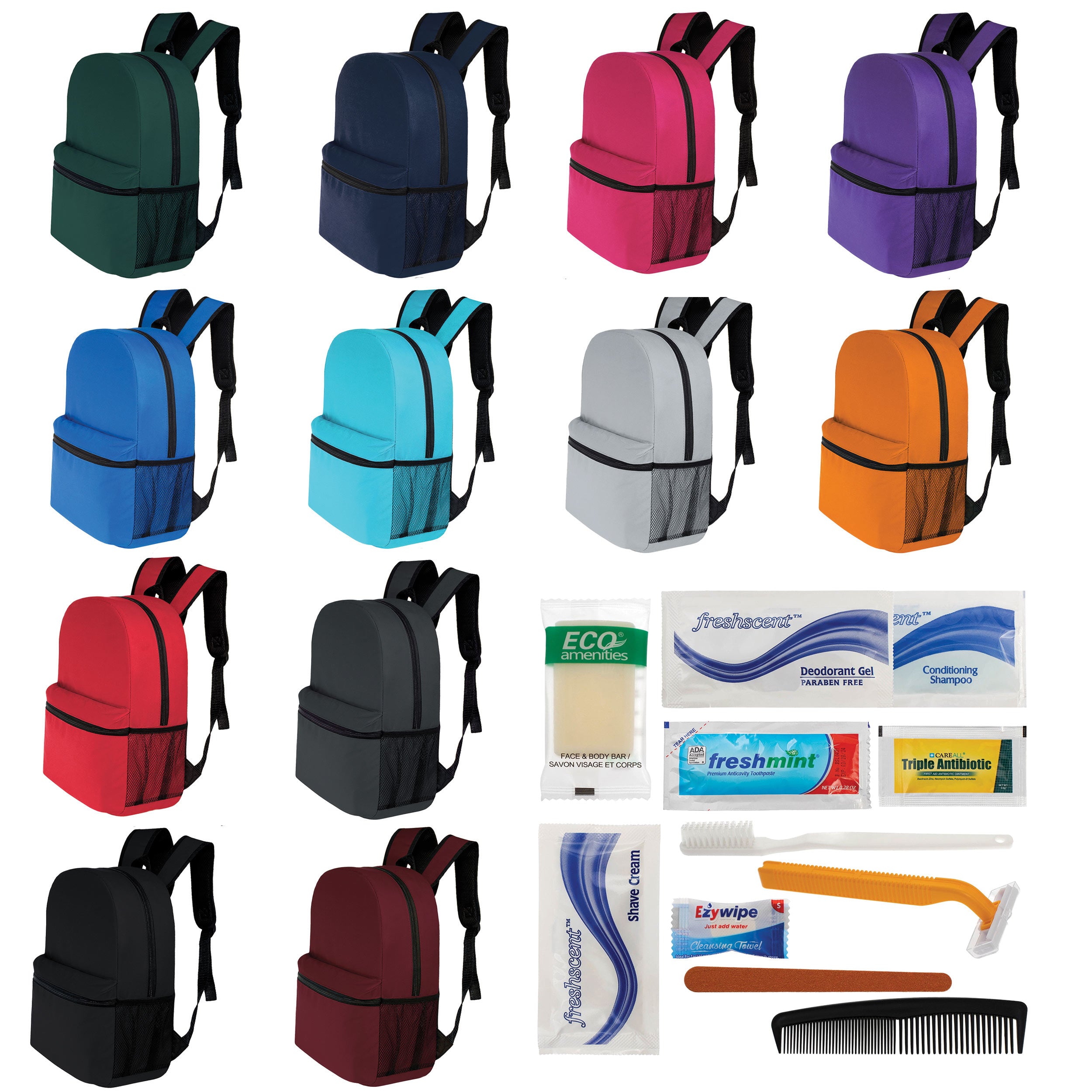 12 Basic 17" Backpacks in 12 Colors with a Side Pocket & Your Choice of 12 Bulk Hygiene Kits - Wholesale Care Package: Homeless, Emergency, Charity