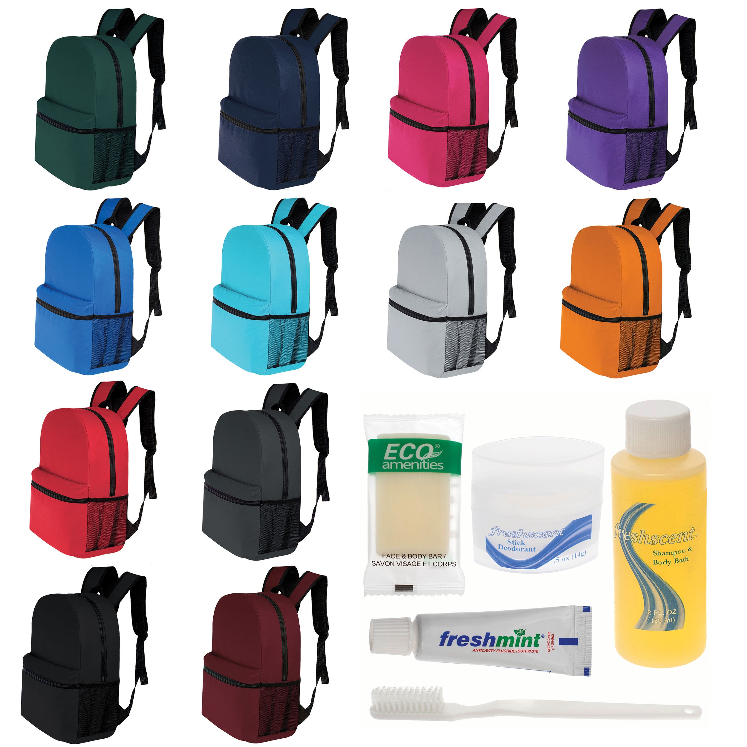 12 Basic 17" Backpacks in 12 Colors with a Side Pocket & Your Choice of 12 Bulk Hygiene Kits - Wholesale Care Package: Homeless, Emergency, Charity