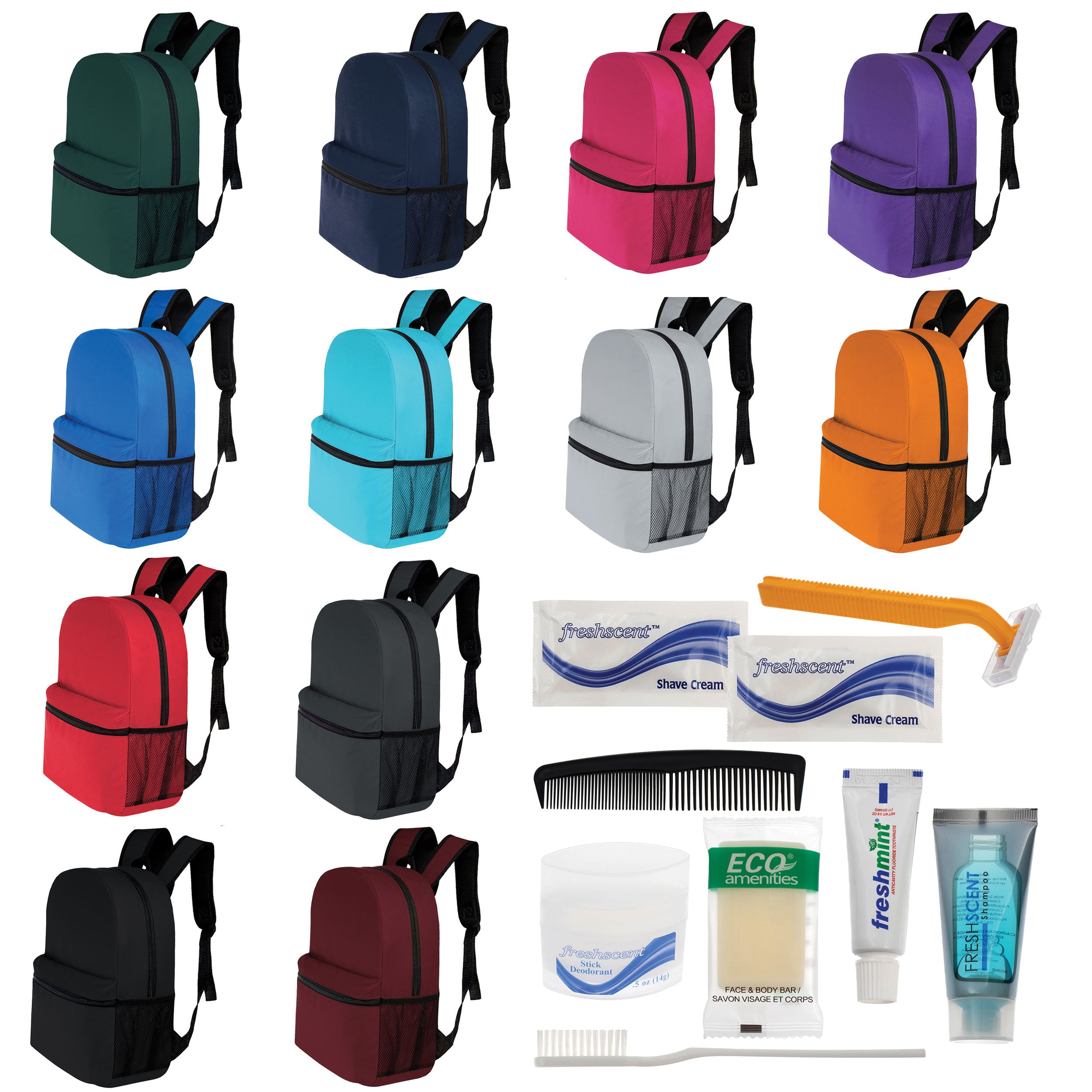 12 Basic 17" Backpacks in 12 Colors with a Side Pocket & Your Choice of 12 Bulk Hygiene Kits - Wholesale Care Package: Homeless, Emergency, Charity