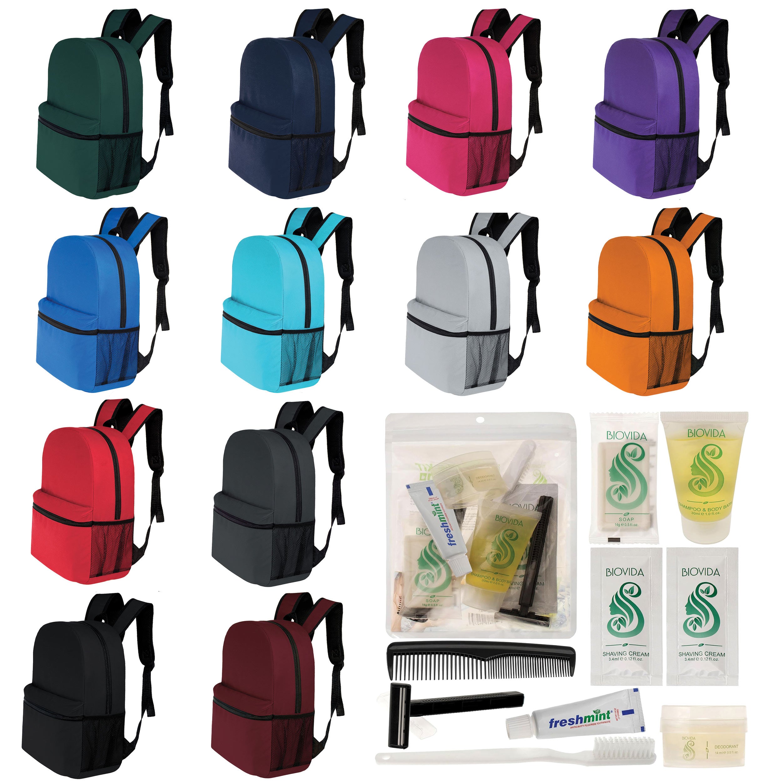 12 Basic 17" Backpacks in 12 Colors with a Side Pocket & Your Choice of 12 Bulk Hygiene Kits - Wholesale Care Package: Homeless, Emergency, Charity