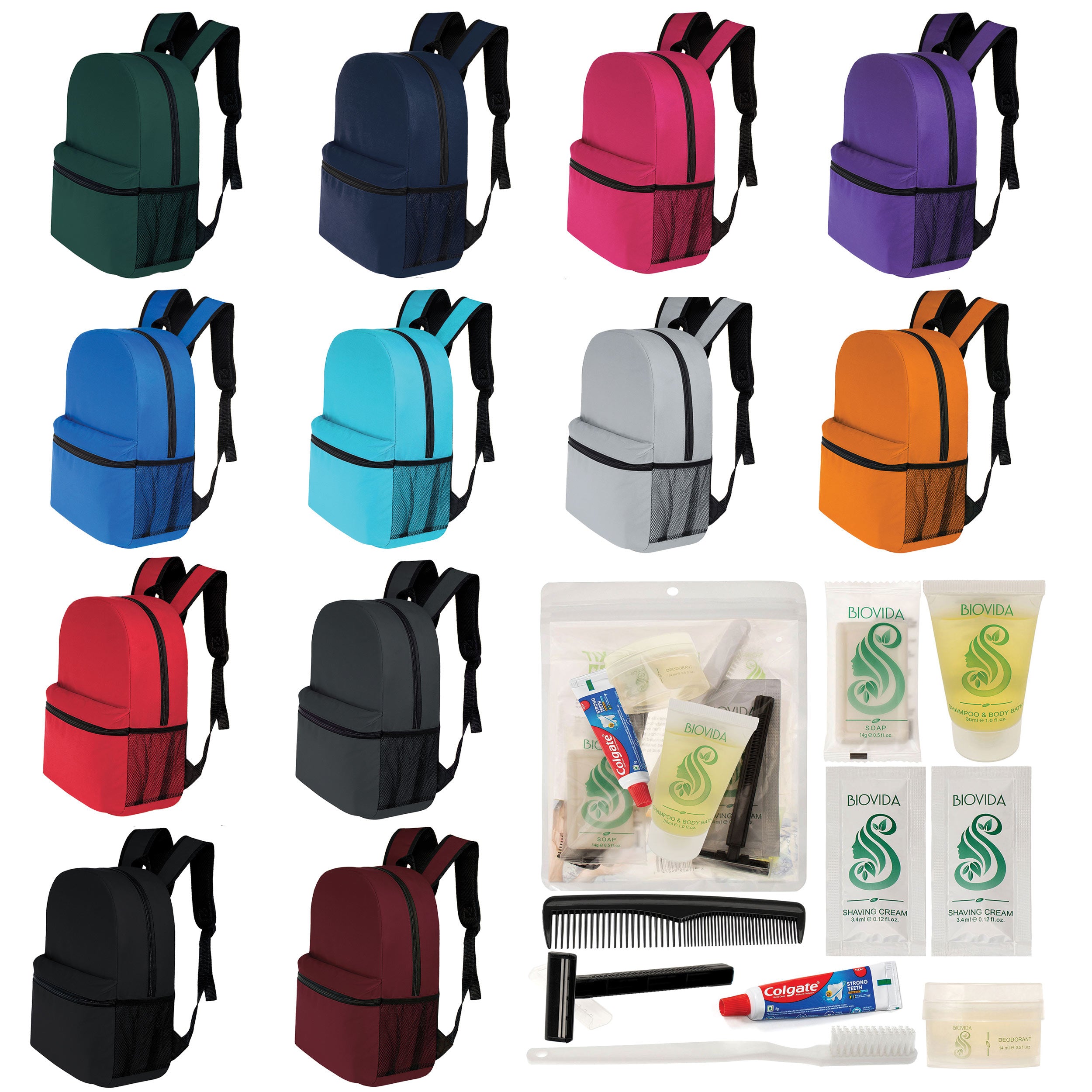 12 Basic 17" Backpacks in 12 Colors with a Side Pocket & Your Choice of 12 Bulk Hygiene Kits - Wholesale Care Package: Homeless, Emergency, Charity