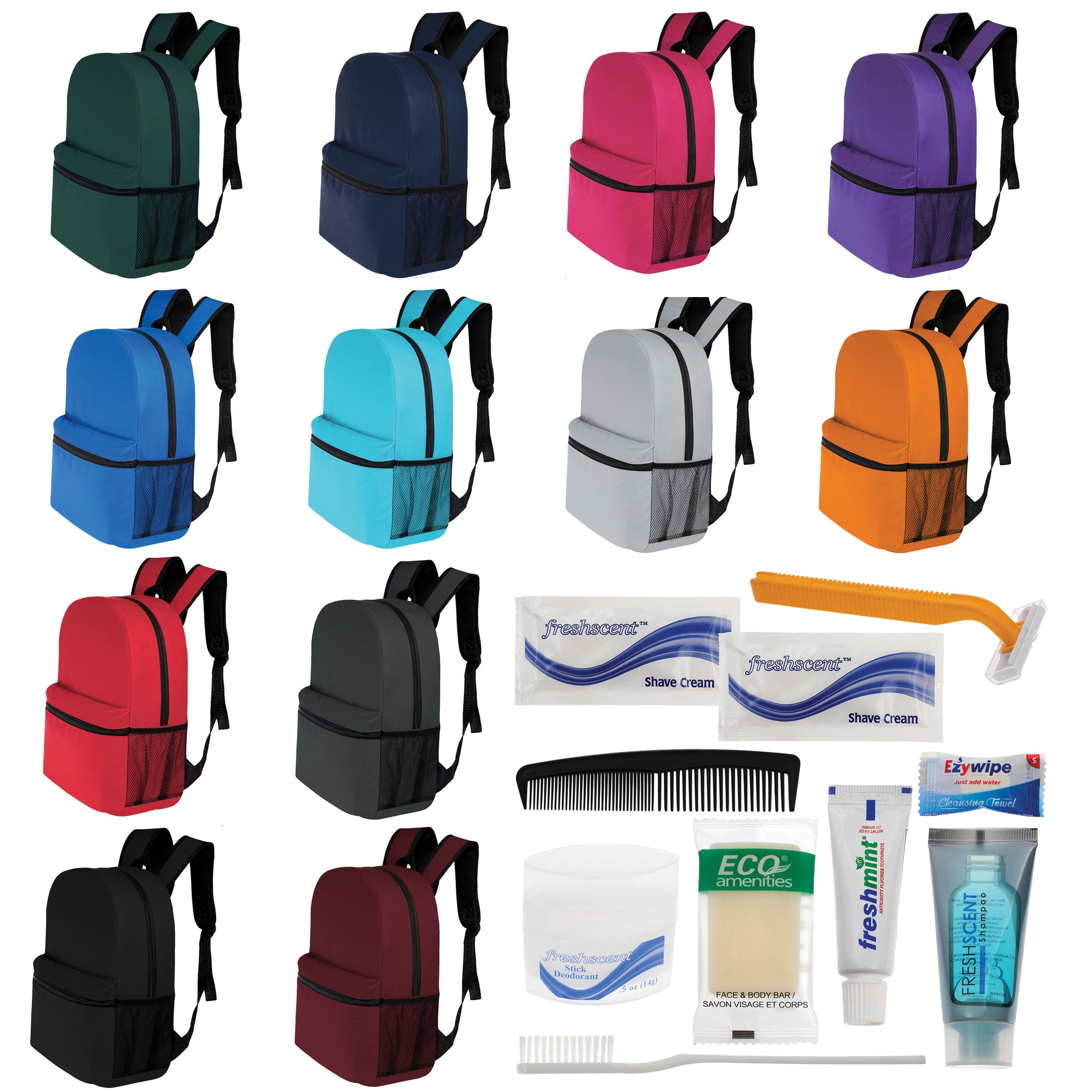 12 Basic 17" Backpacks in 12 Colors with a Side Pocket & Your Choice of 12 Bulk Hygiene Kits - Wholesale Care Package: Homeless, Emergency, Charity