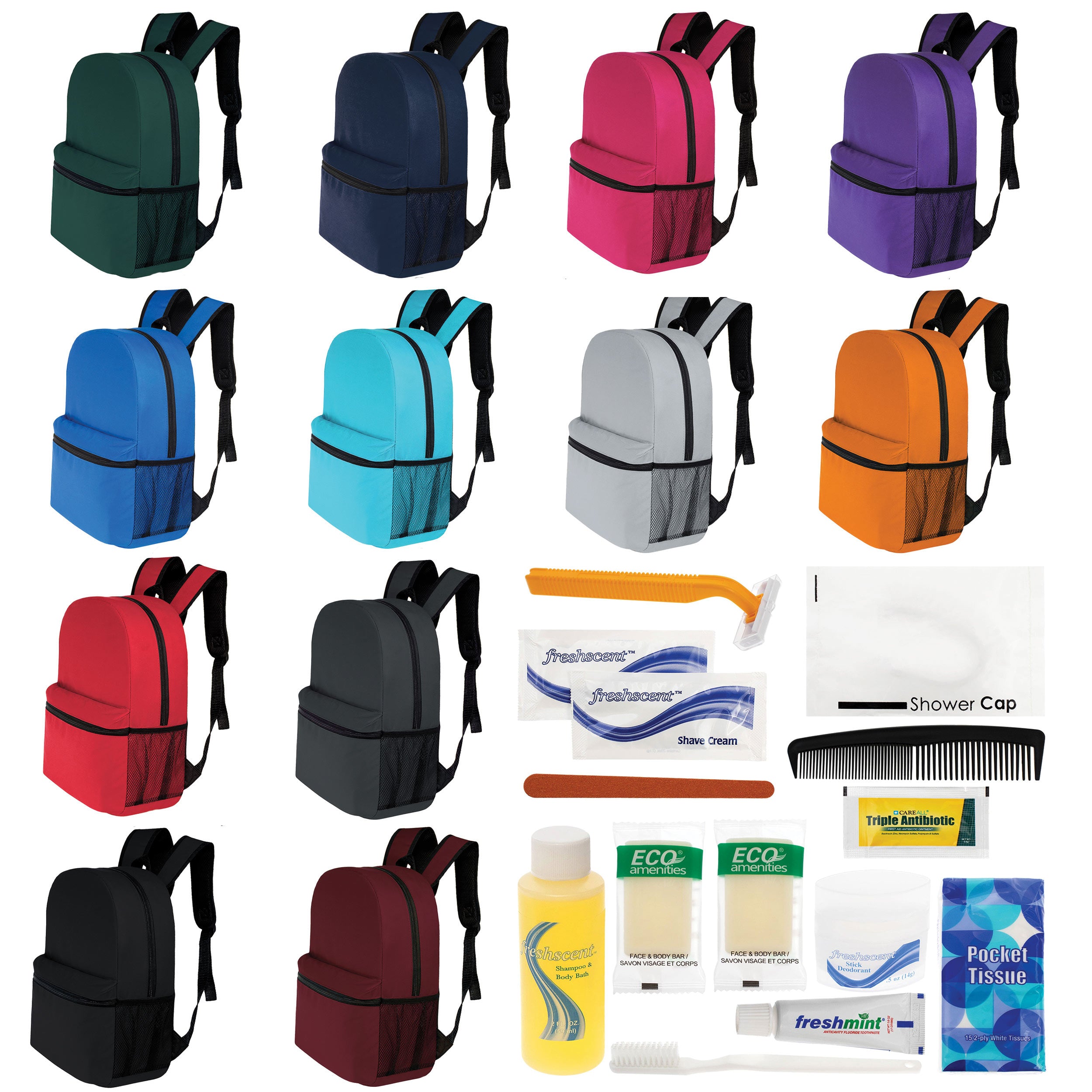 12 Basic 17" Backpacks in 12 Colors with a Side Pocket & Your Choice of 12 Bulk Hygiene Kits - Wholesale Care Package: Homeless, Emergency, Charity