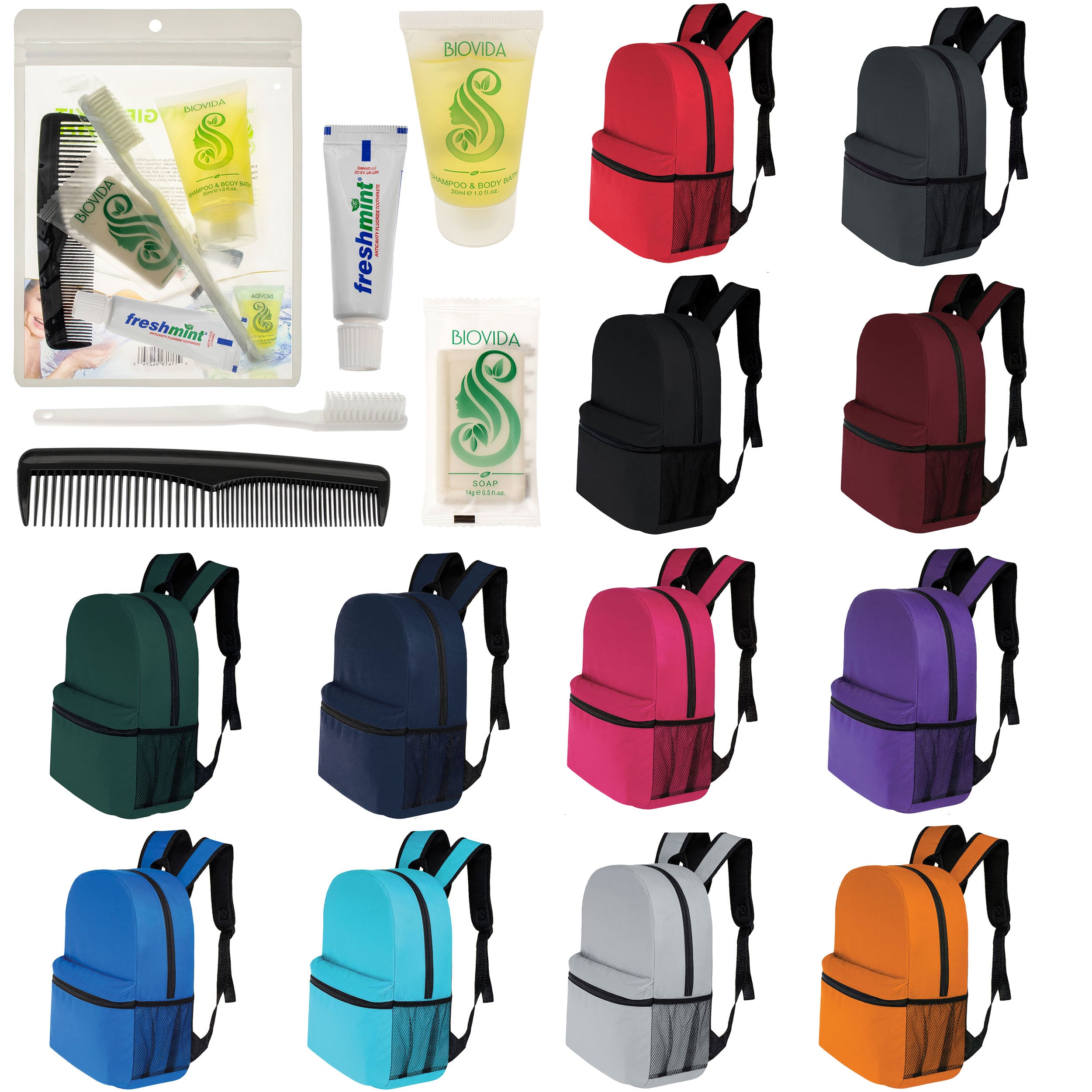 12 Basic 16" Backpacks in 12 Colors with a Side Pocket & Your Choice of 12 Bulk Hygiene Kits - Wholesale Care Package: Homeless, Emergency, Charity