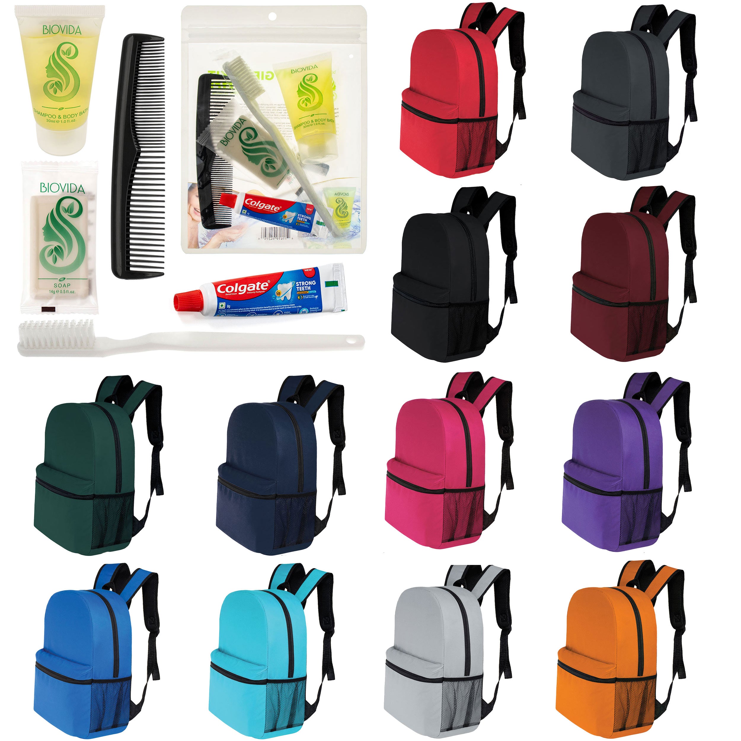12 Basic 16" Backpacks in 12 Colors with a Side Pocket & Your Choice of 12 Bulk Hygiene Kits - Wholesale Care Package: Homeless, Emergency, Charity