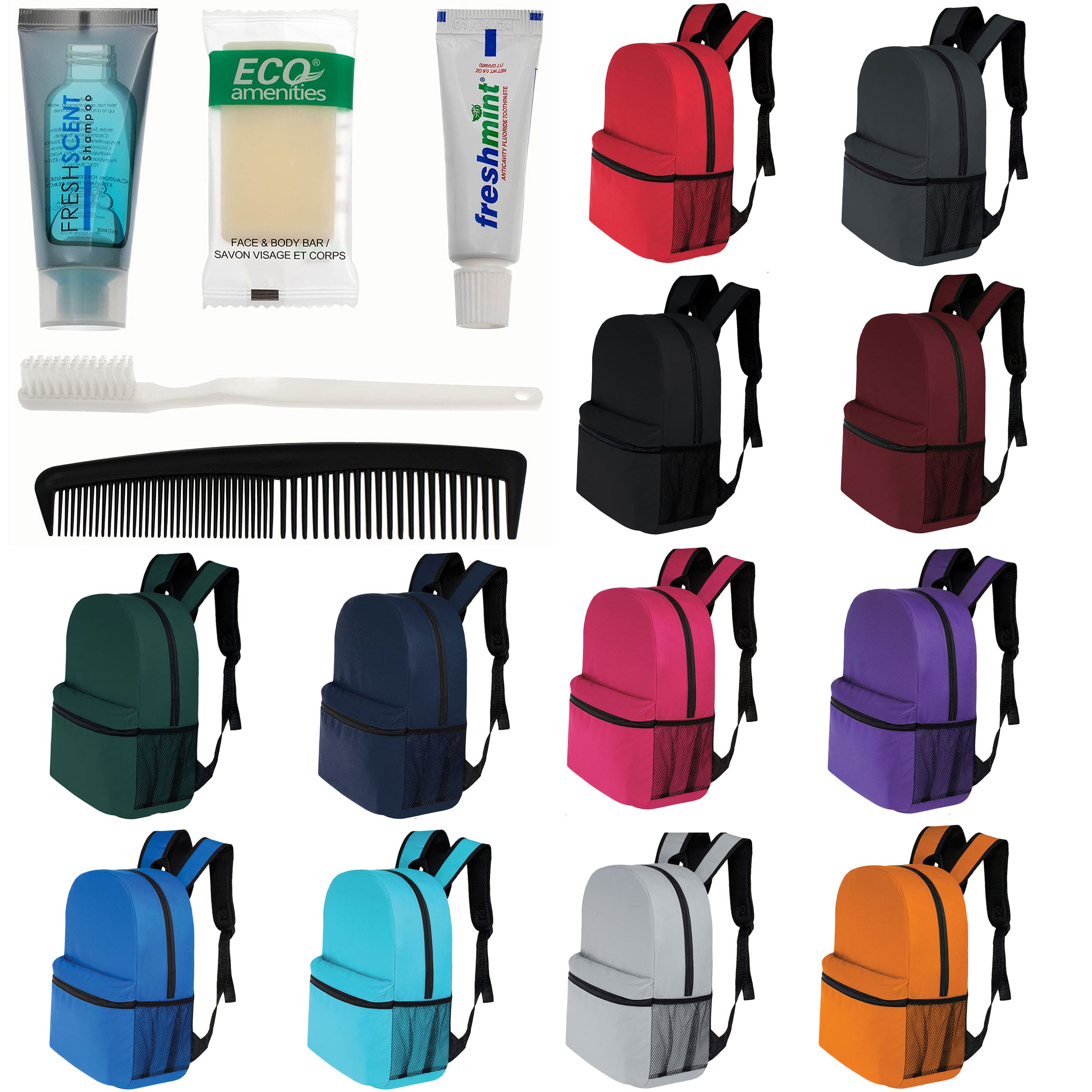 12 Basic 16" Backpacks in 12 Colors with a Side Pocket & Your Choice of 12 Bulk Hygiene Kits - Wholesale Care Package: Homeless, Emergency, Charity