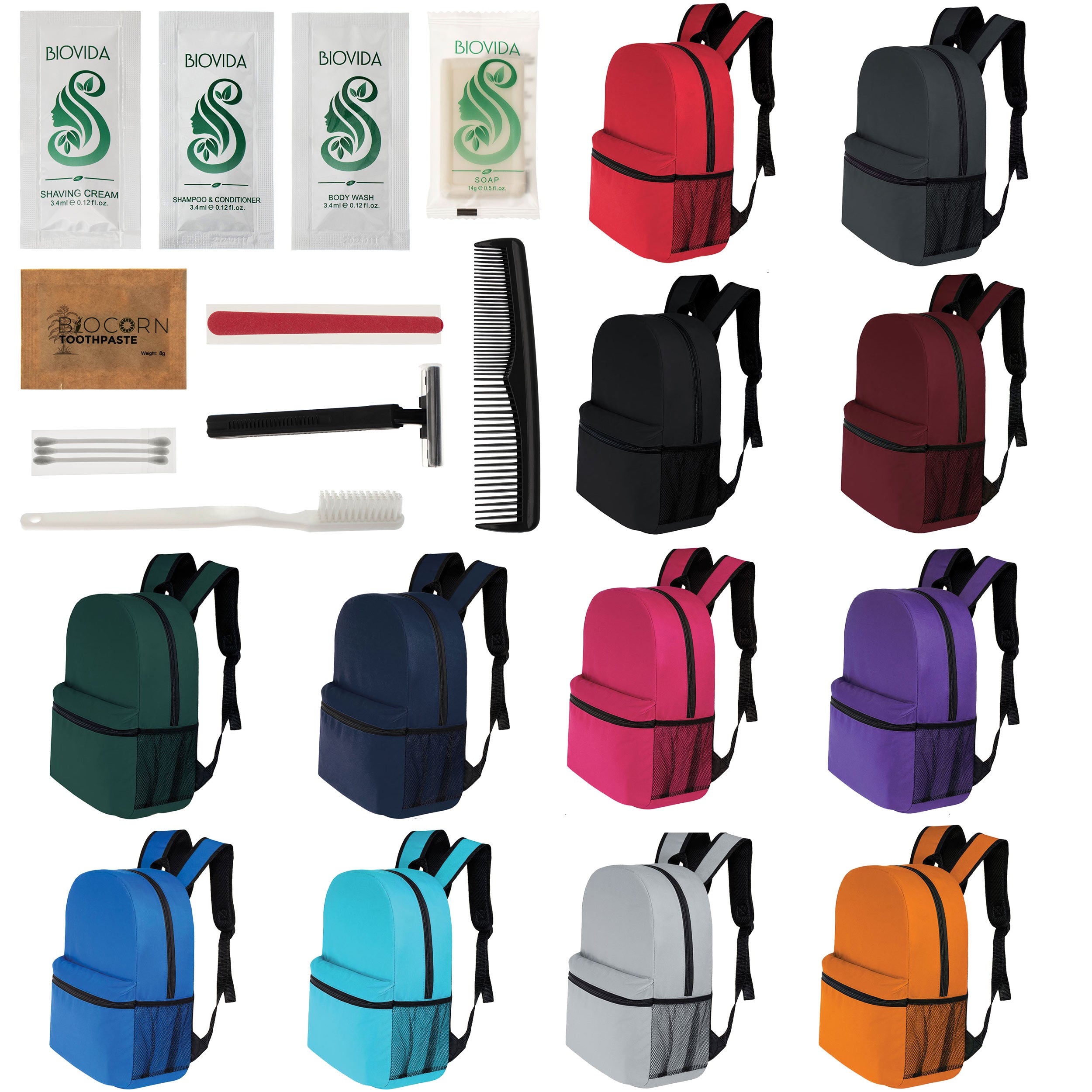 12 Basic 16" Backpacks in 12 Colors with a Side Pocket & Your Choice of 12 Bulk Hygiene Kits - Wholesale Care Package: Homeless, Emergency, Charity