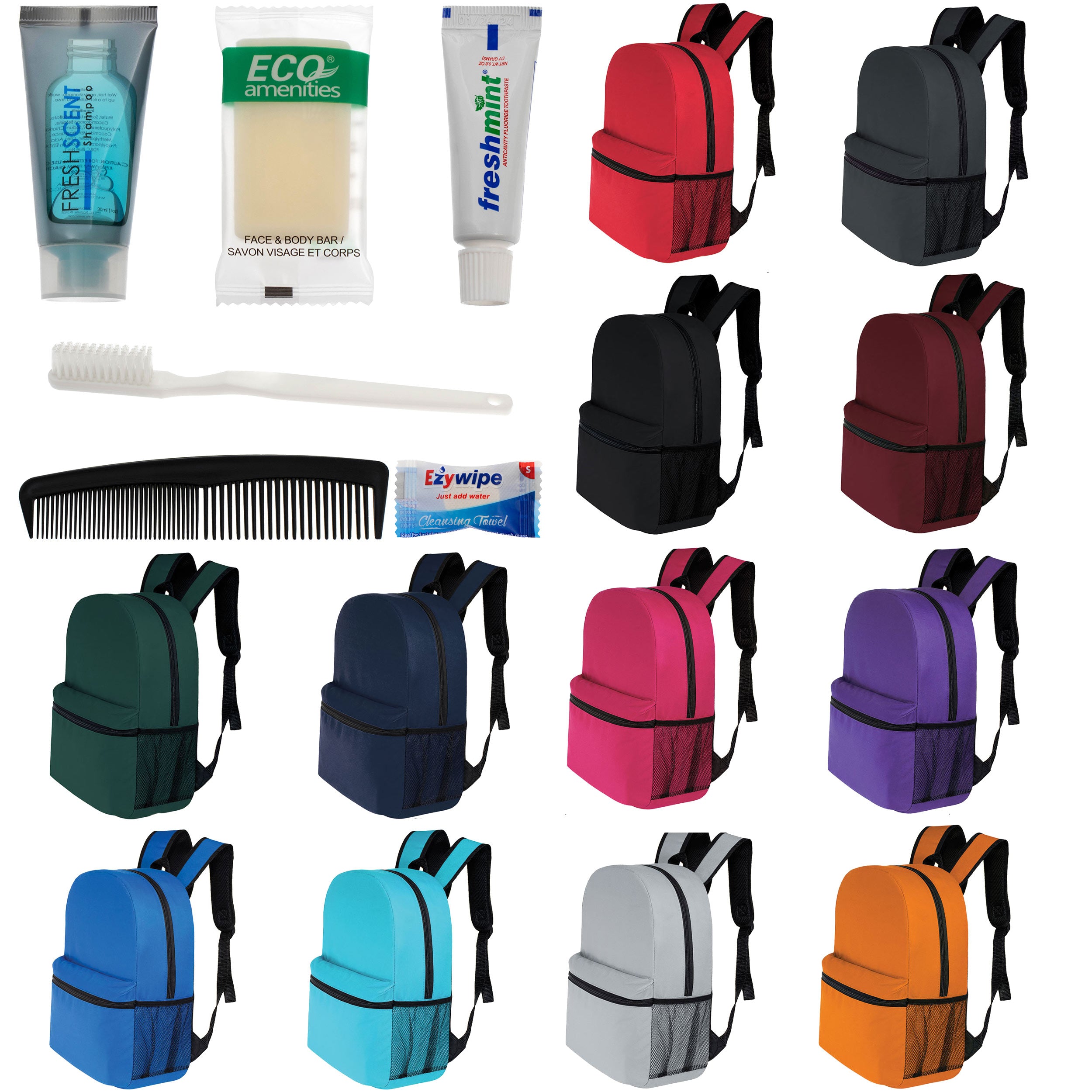 12 Basic 16" Backpacks in 12 Colors with a Side Pocket & Your Choice of 12 Bulk Hygiene Kits - Wholesale Care Package: Homeless, Emergency, Charity