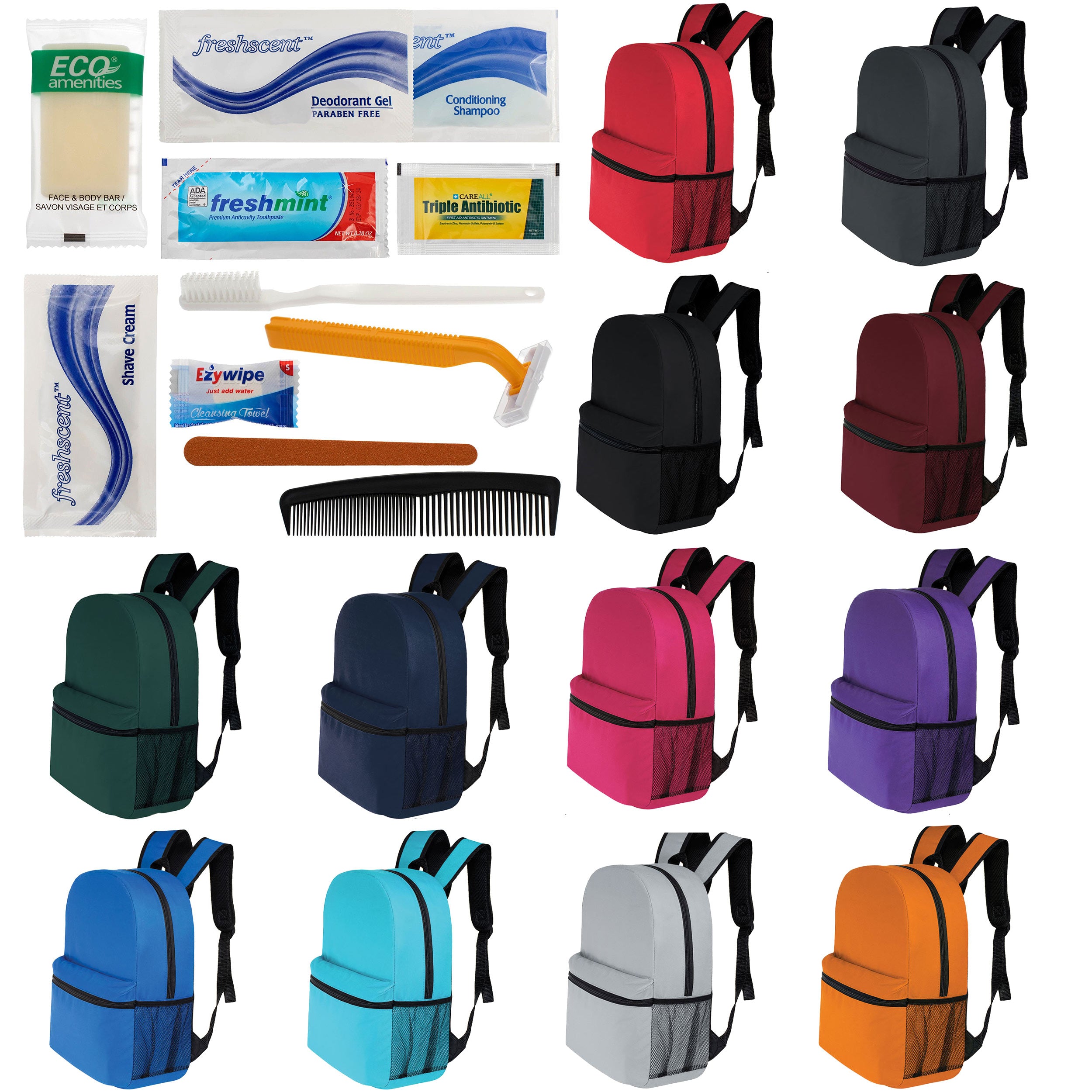 12 Basic 16" Backpacks in 12 Colors with a Side Pocket & Your Choice of 12 Bulk Hygiene Kits - Wholesale Care Package: Homeless, Emergency, Charity
