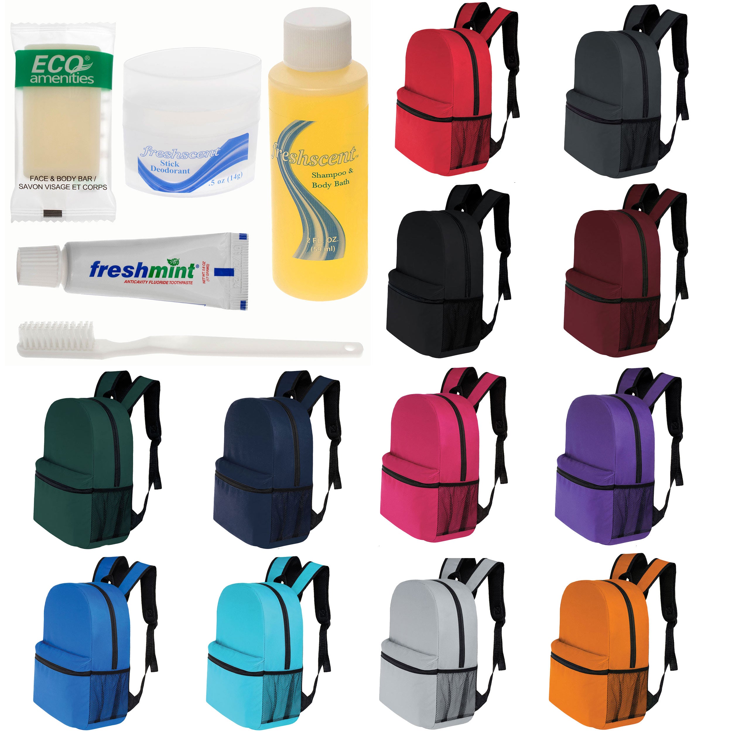 12 Basic 16" Backpacks in 12 Colors with a Side Pocket & Your Choice of 12 Bulk Hygiene Kits - Wholesale Care Package: Homeless, Emergency, Charity