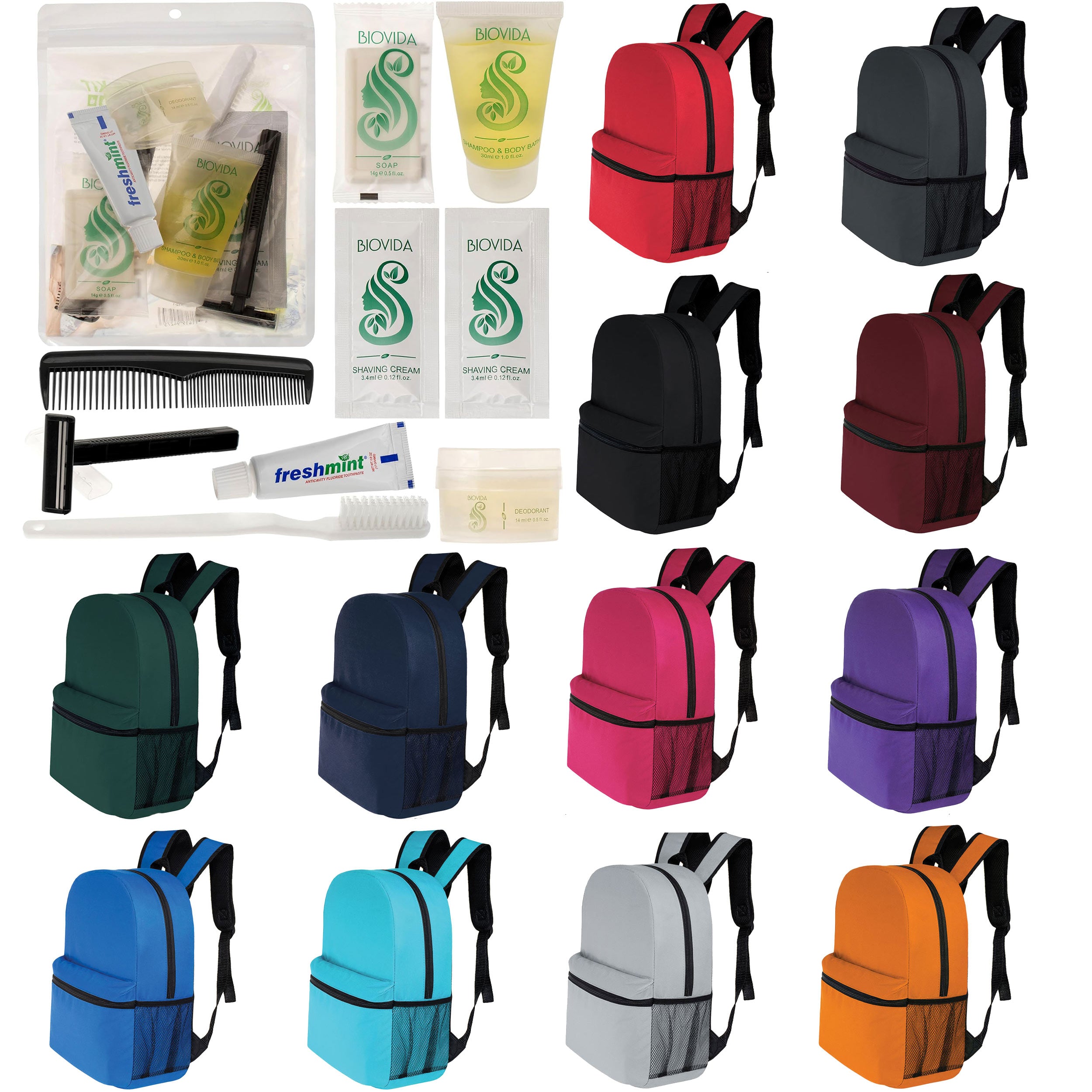12 Basic 16" Backpacks in 12 Colors with a Side Pocket & Your Choice of 12 Bulk Hygiene Kits - Wholesale Care Package: Homeless, Emergency, Charity