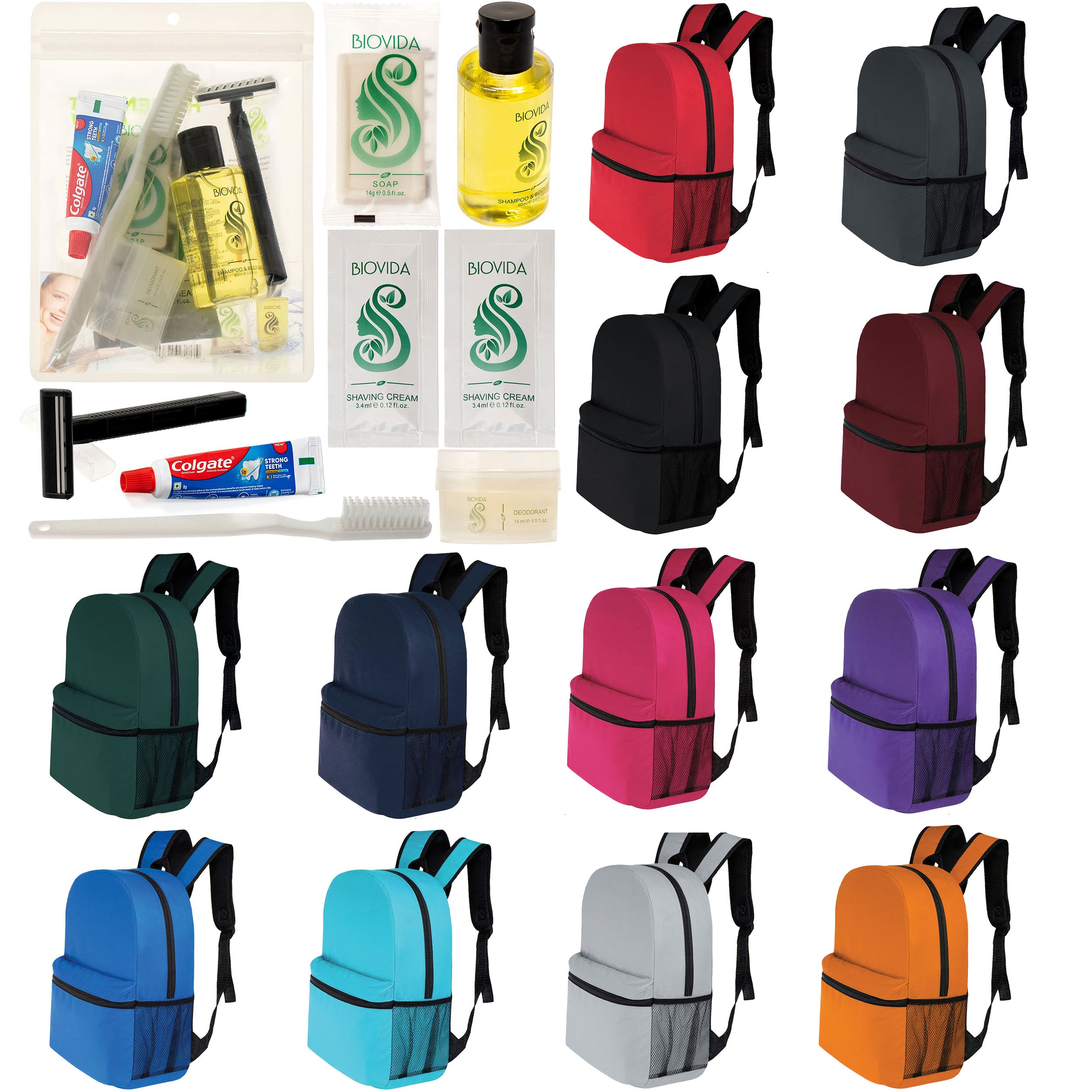 12 Basic 16" Backpacks in 12 Colors with a Side Pocket & Your Choice of 12 Bulk Hygiene Kits - Wholesale Care Package: Homeless, Emergency, Charity