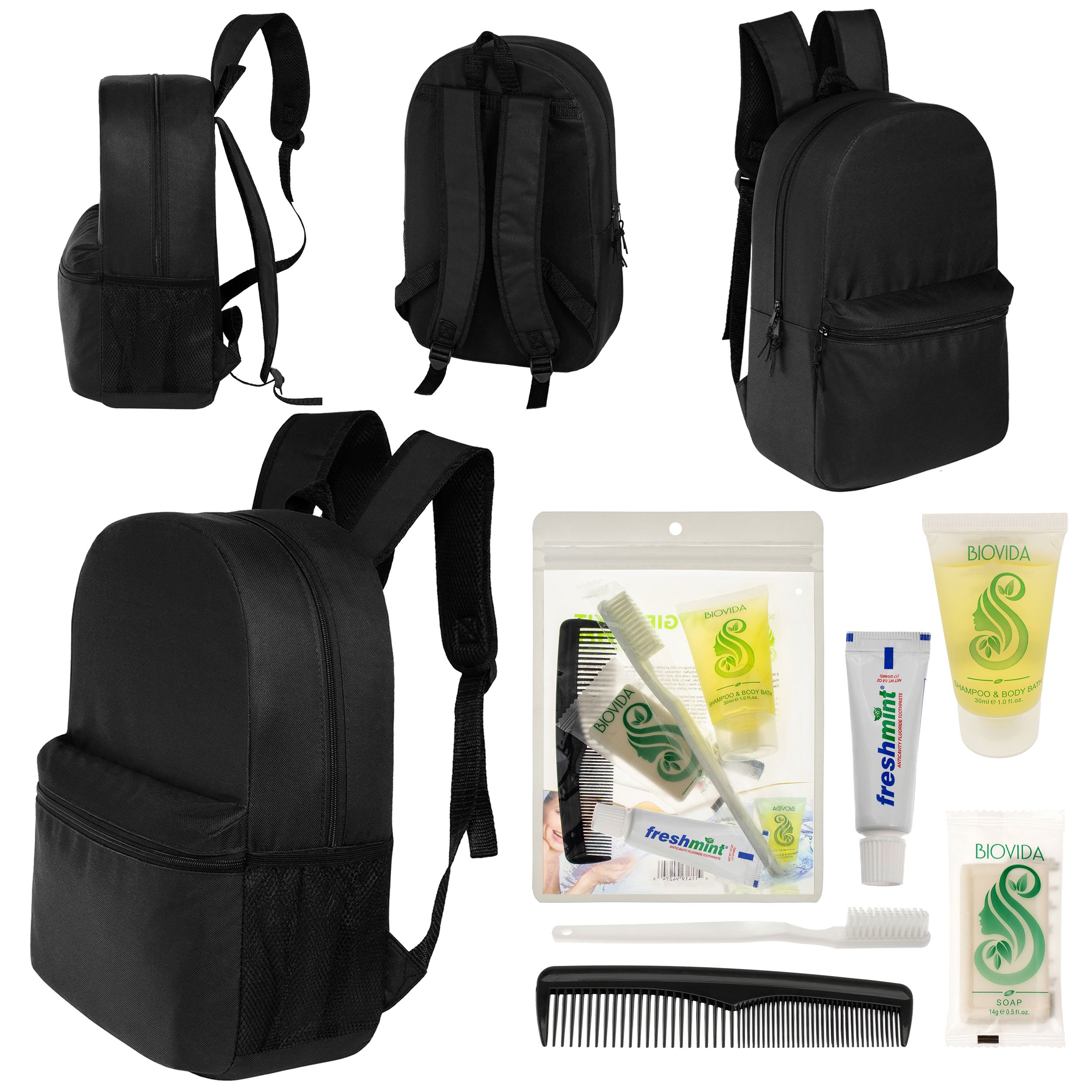 12 Basic 18.5" Backpacks in Black & Your Choice of 12 Bulk Hygiene Kits - Wholesale Care Package: Homeless, Emergency, Charity