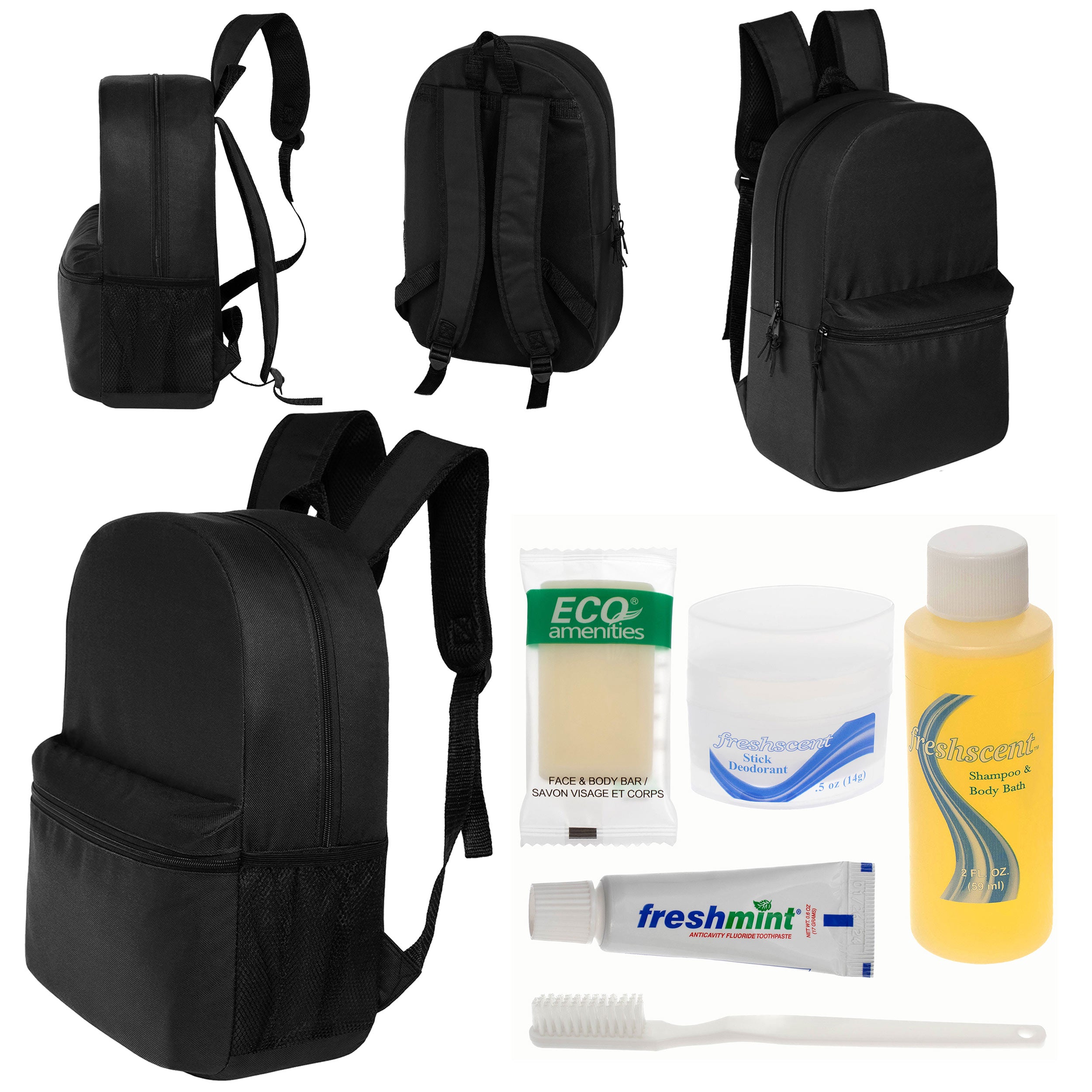 12 Basic 18.5" Backpacks in Black & Your Choice of 12 Bulk Hygiene Kits - Wholesale Care Package: Homeless, Emergency, Charity