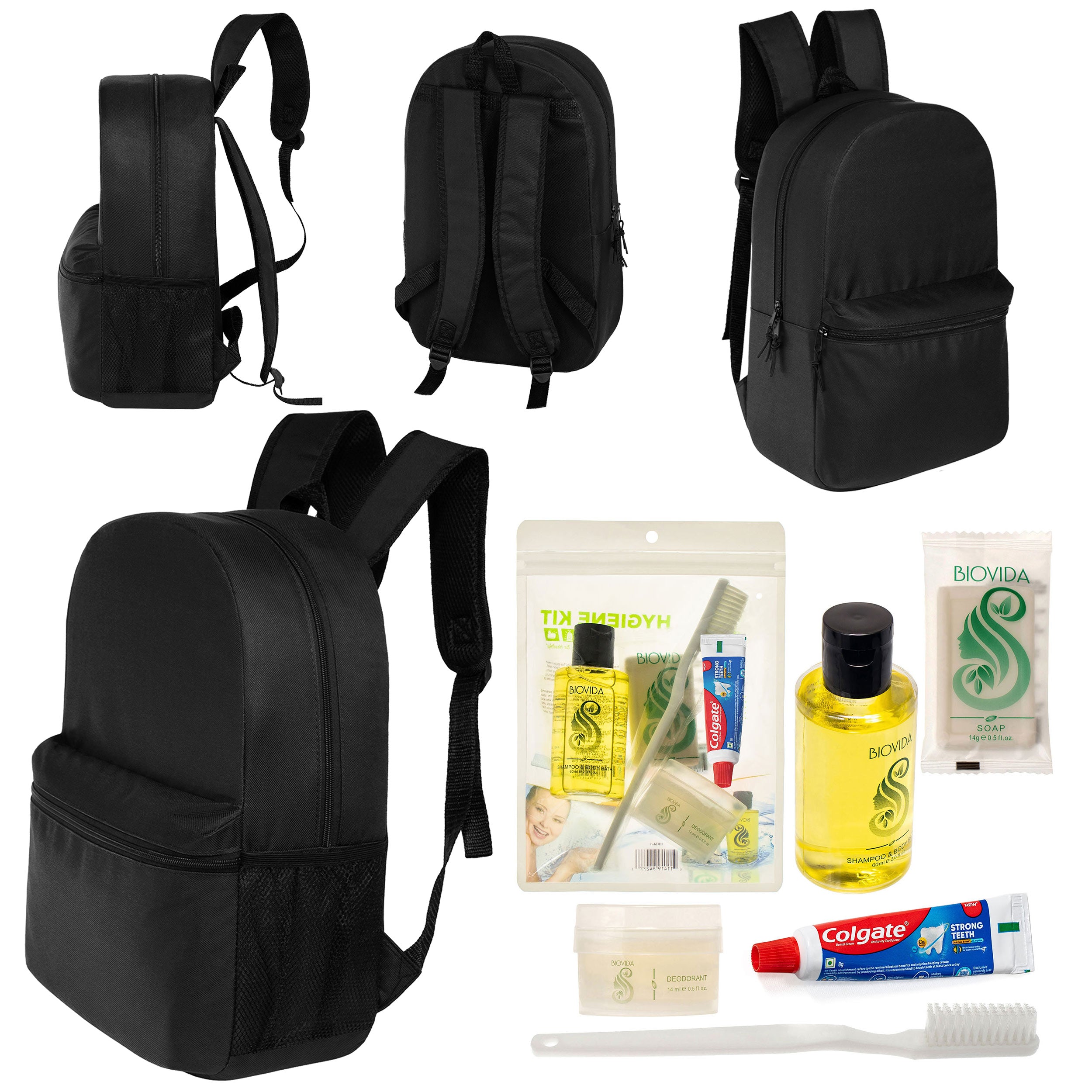 12 Basic 18.5" Backpacks in Black & Your Choice of 12 Bulk Hygiene Kits - Wholesale Care Package: Homeless, Emergency, Charity