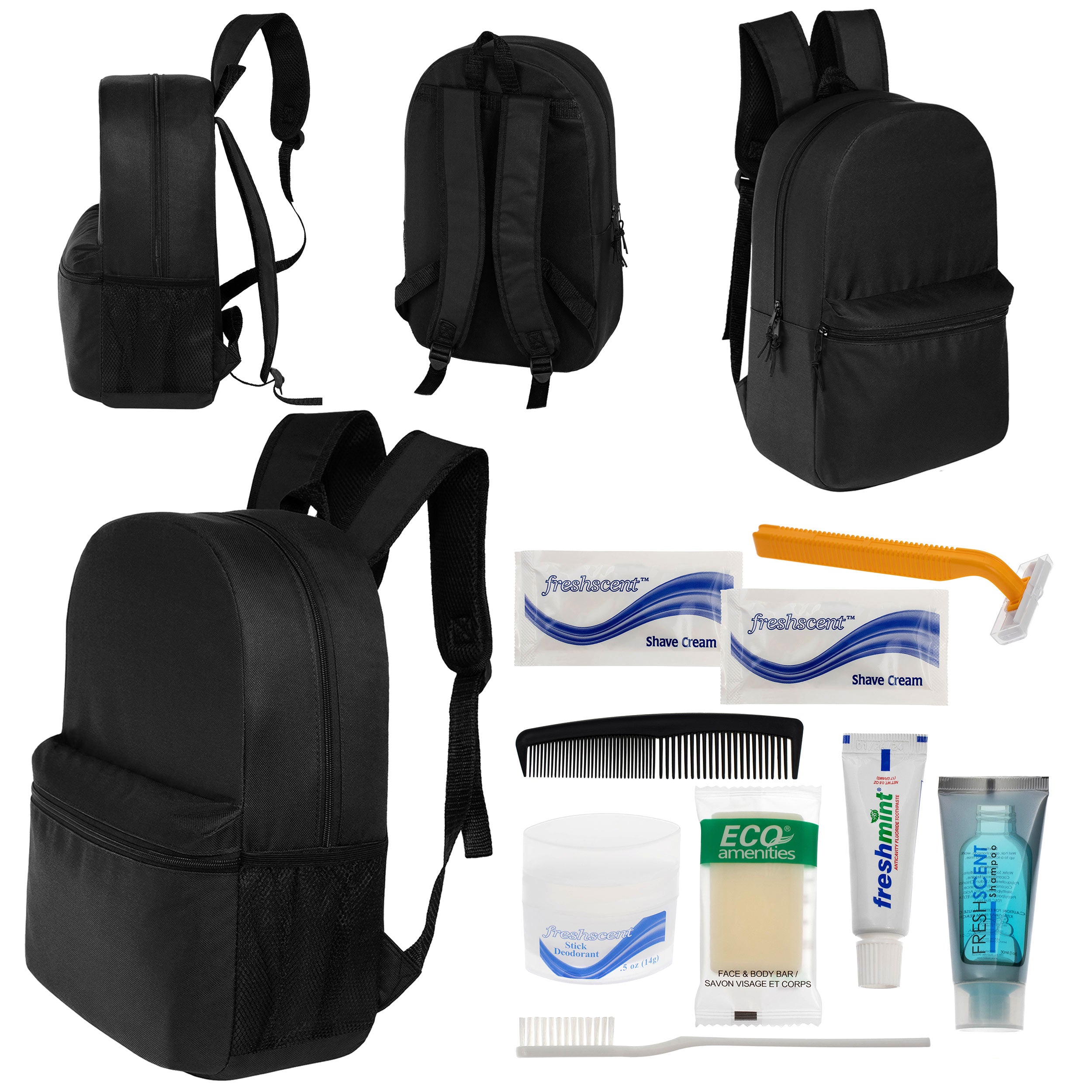 12 Basic 18.5" Backpacks in Black & Your Choice of 12 Bulk Hygiene Kits - Wholesale Care Package: Homeless, Emergency, Charity