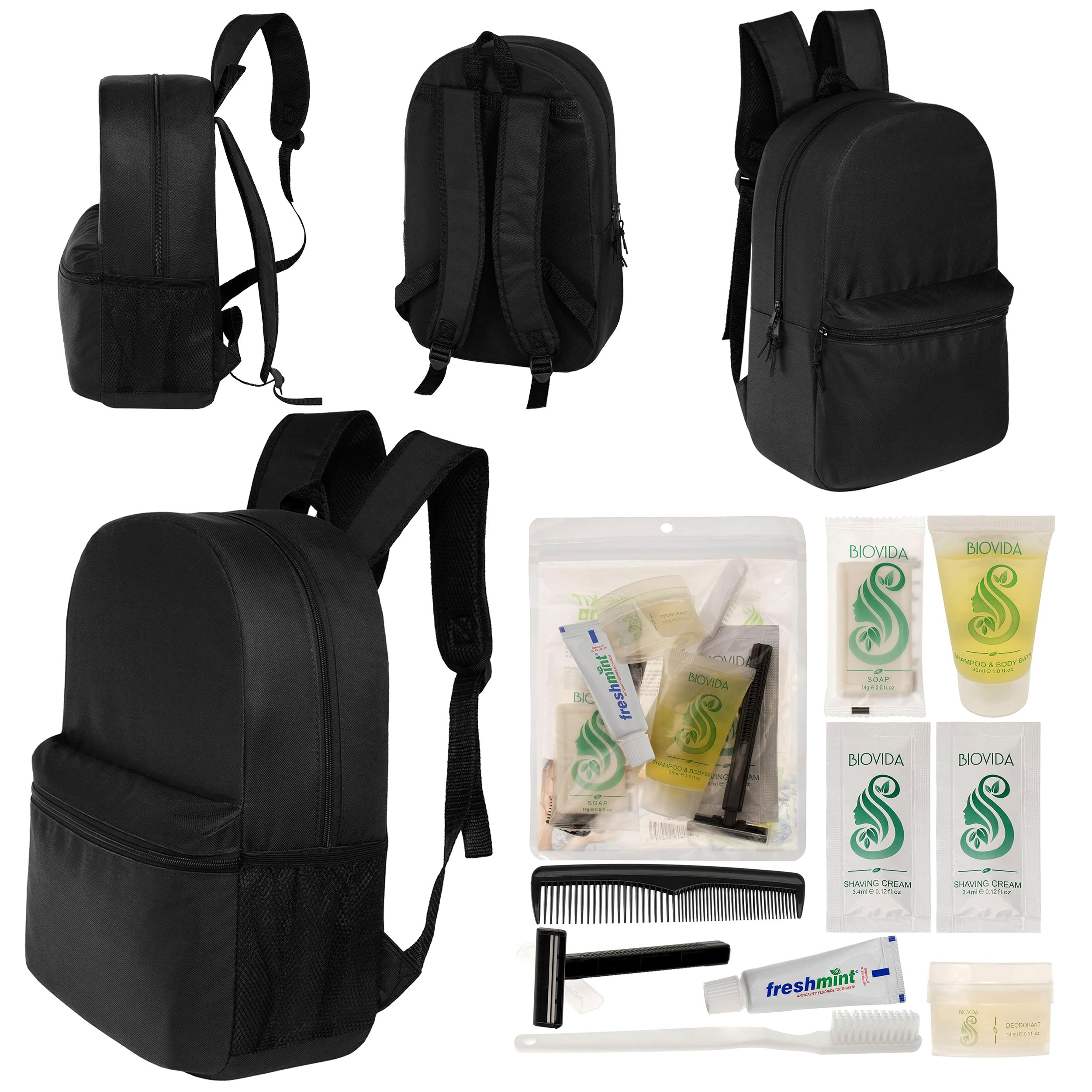 12 Basic 18.5" Backpacks in Black & Your Choice of 12 Bulk Hygiene Kits - Wholesale Care Package: Homeless, Emergency, Charity