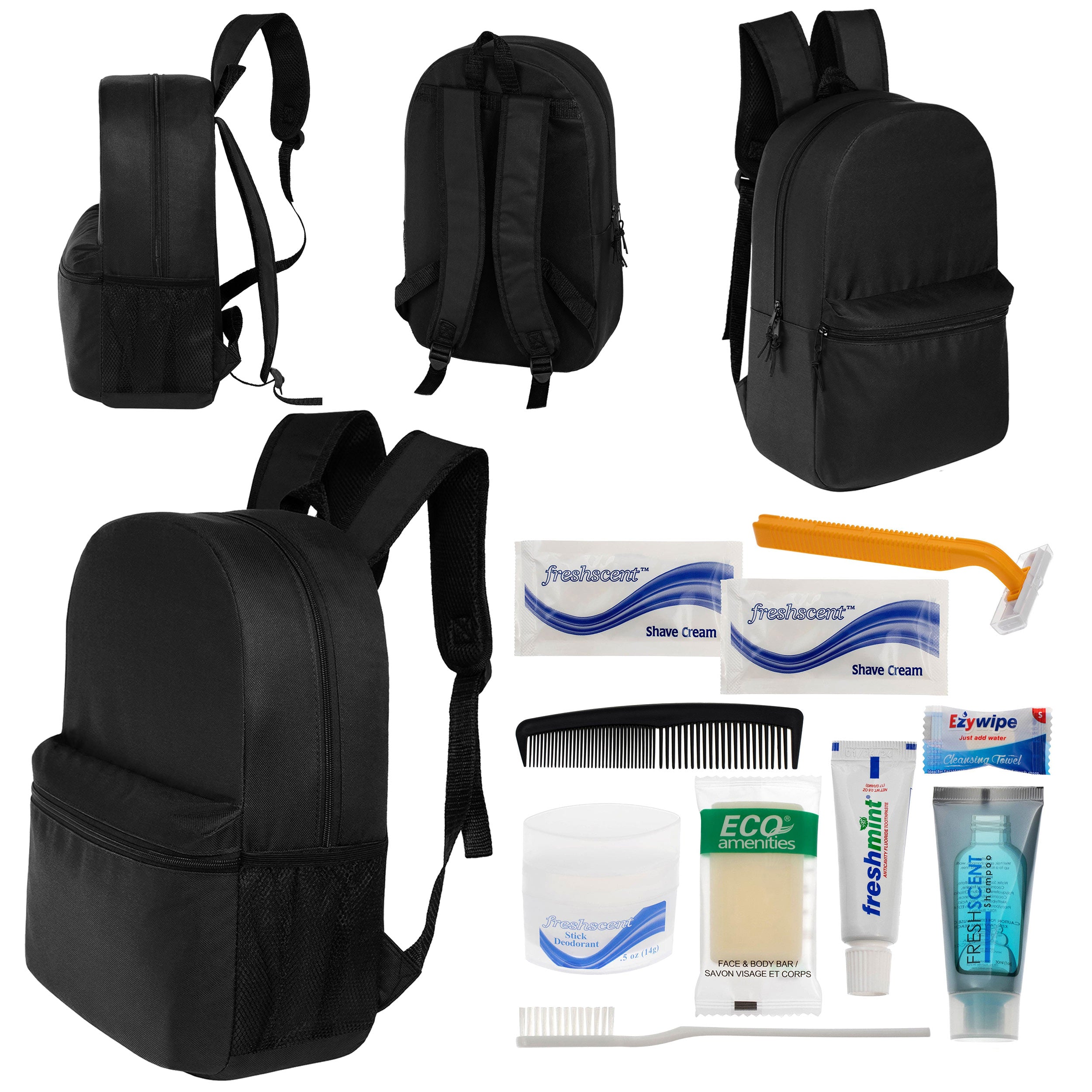 12 Basic 18.5" Backpacks in Black & Your Choice of 12 Bulk Hygiene Kits - Wholesale Care Package: Homeless, Emergency, Charity