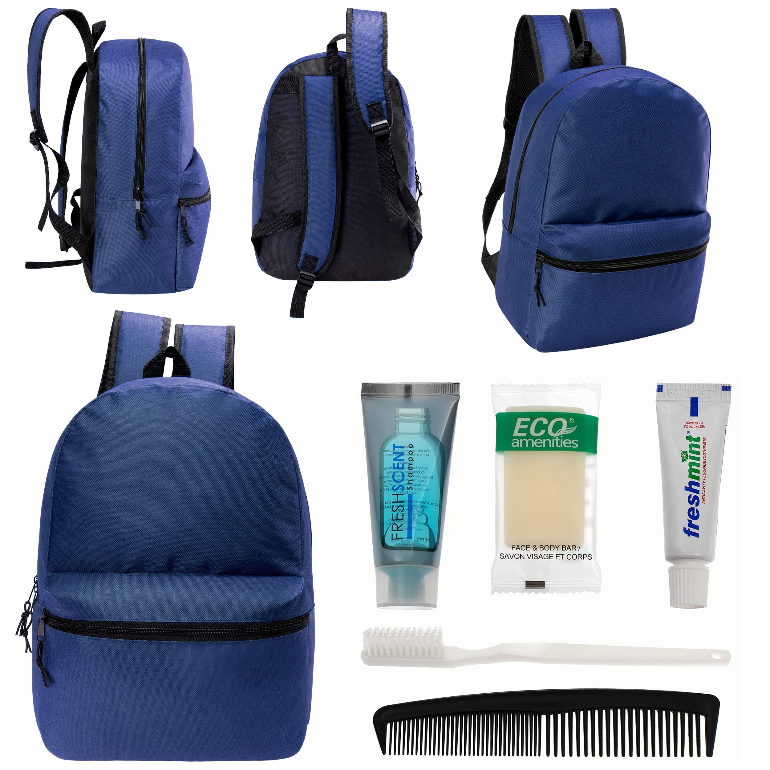 12 17" Classic Backpacks in Navy Blue & Your Choice of 12 Bulk Hygiene Kits - Wholesale Care Package: Homeless, Emergency, Charity