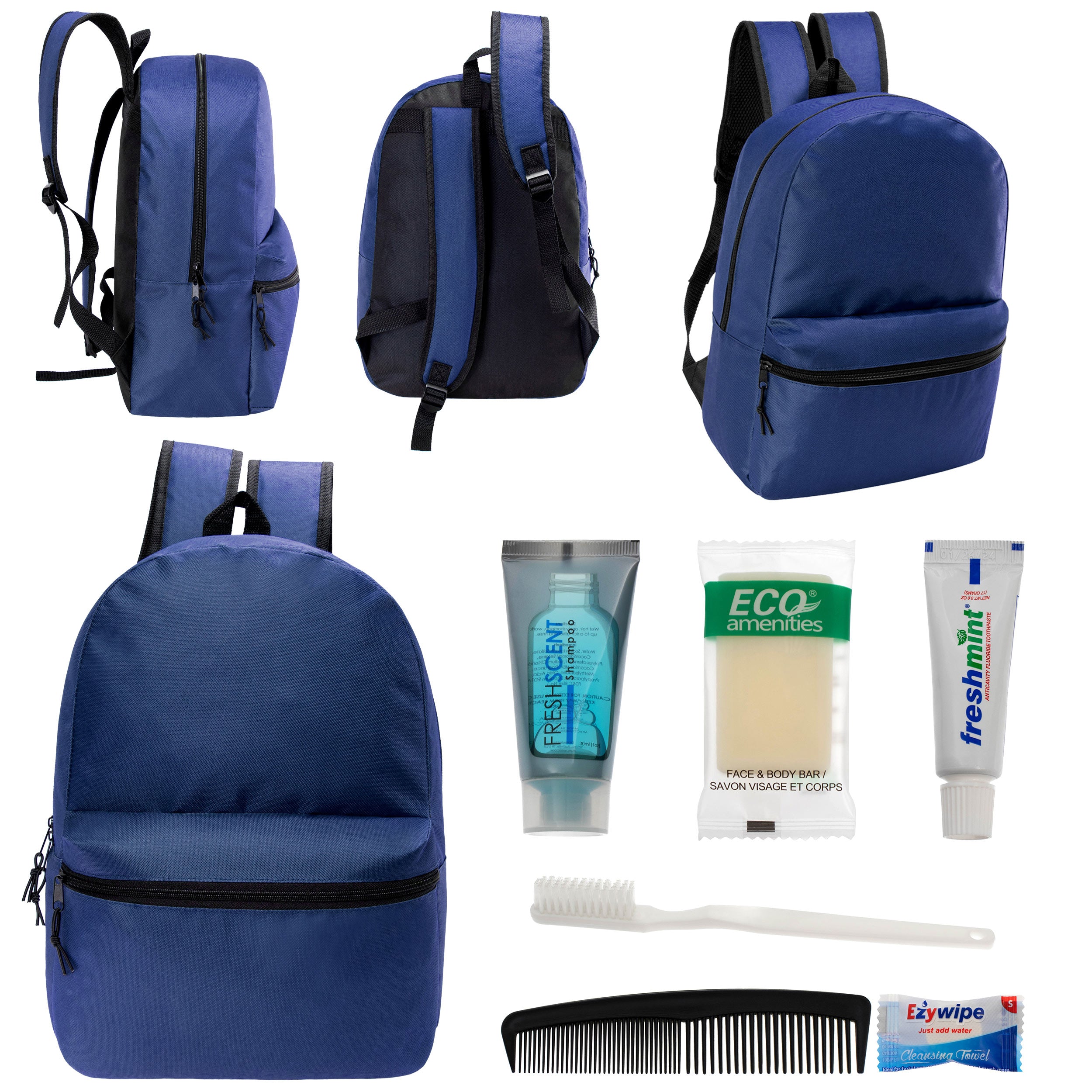 12 17" Classic Backpacks in Navy Blue & Your Choice of 12 Bulk Hygiene Kits - Wholesale Care Package: Homeless, Emergency, Charity