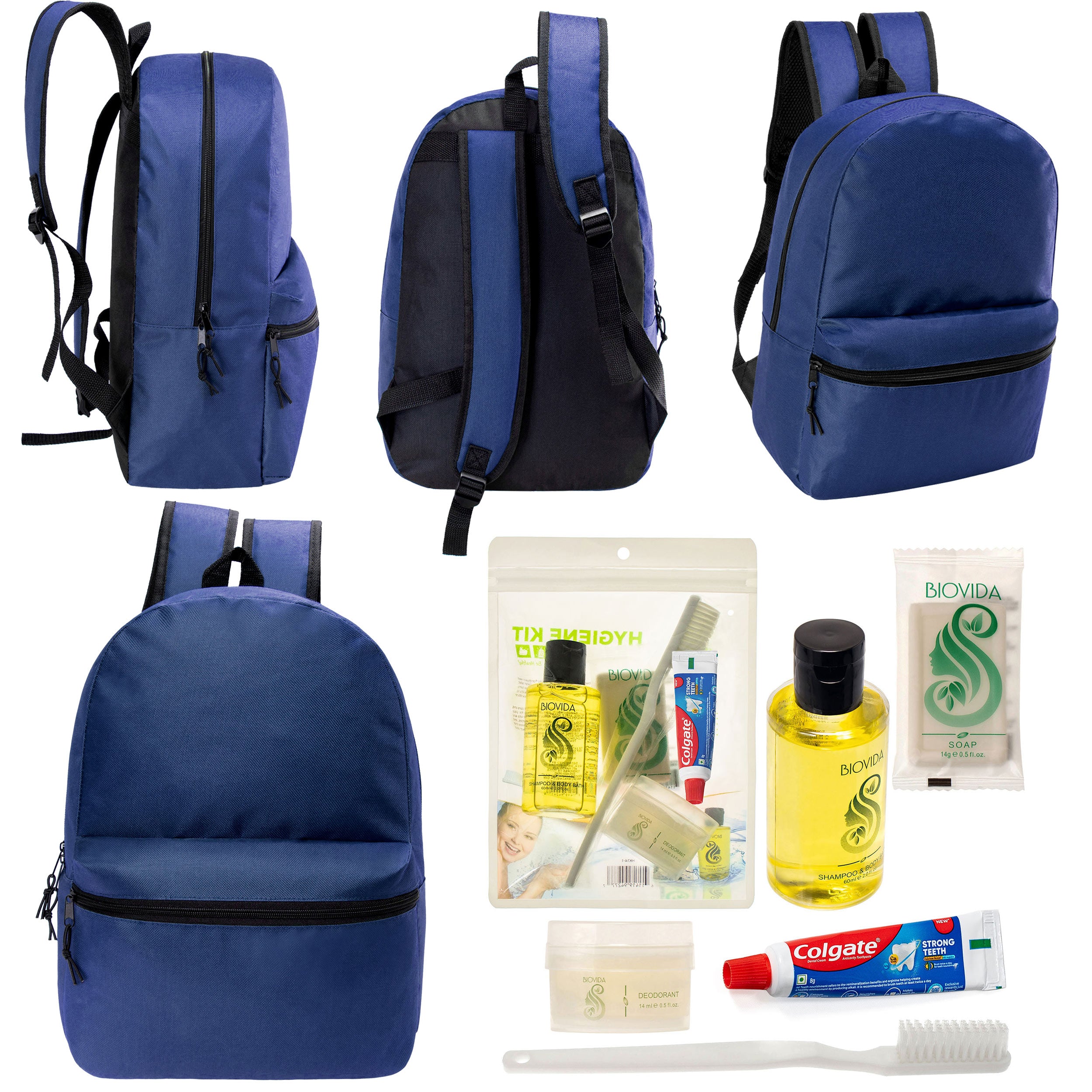 12 17" Classic Backpacks in Navy Blue & Your Choice of 12 Bulk Hygiene Kits - Wholesale Care Package: Homeless, Emergency, Charity