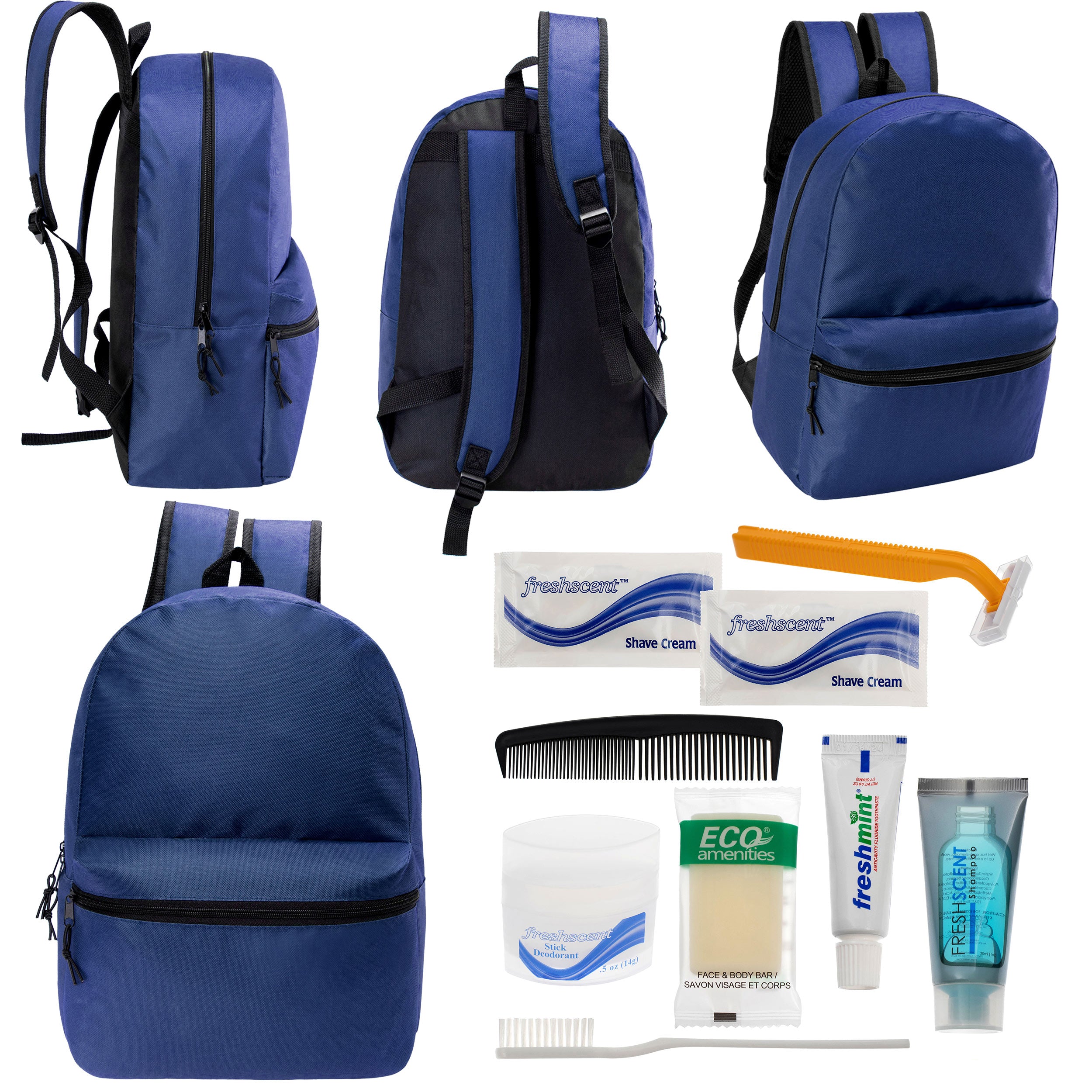 12 17" Classic Backpacks in Navy Blue & Your Choice of 12 Bulk Hygiene Kits - Wholesale Care Package: Homeless, Emergency, Charity