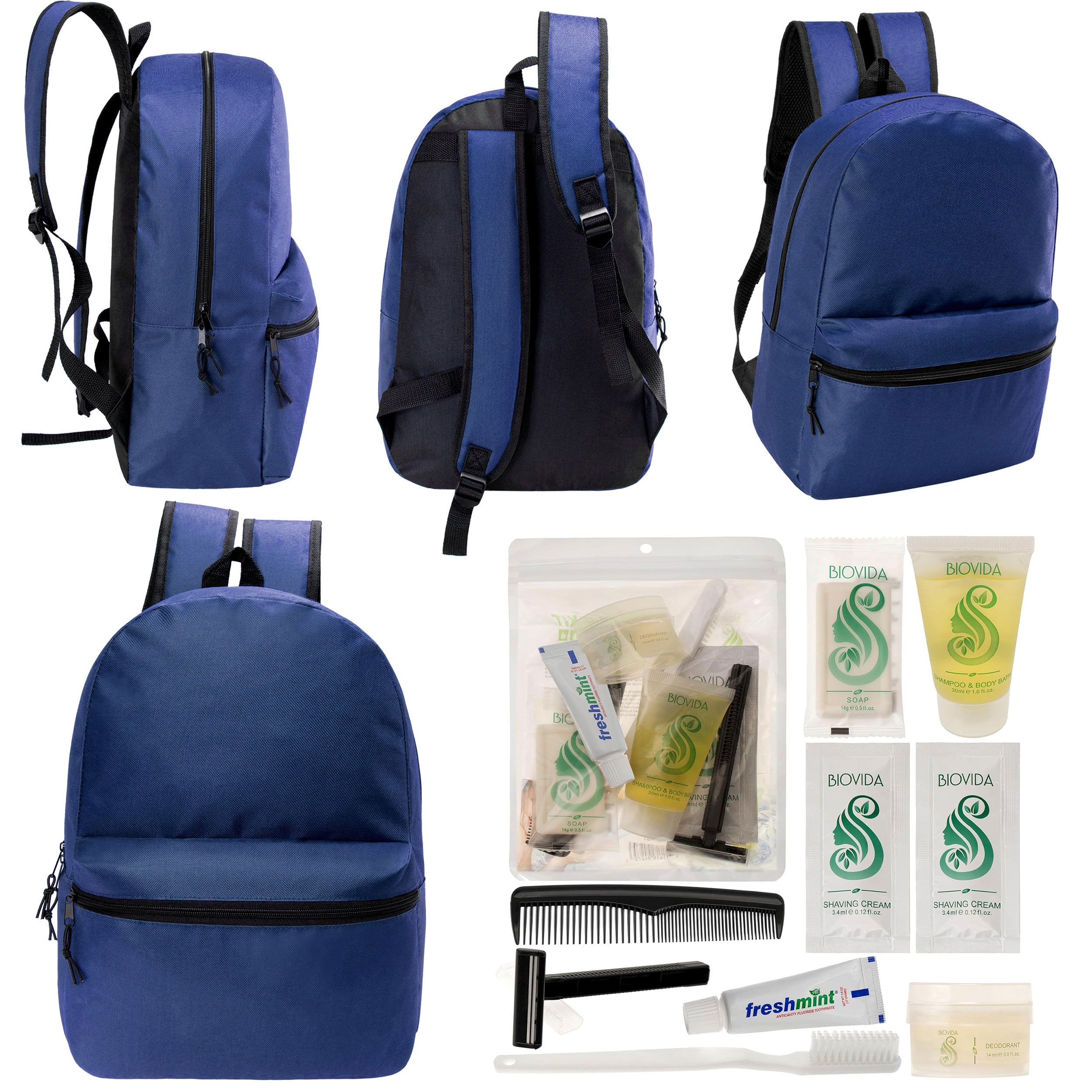 12 17" Classic Backpacks in Navy Blue & Your Choice of 12 Bulk Hygiene Kits - Wholesale Care Package: Homeless, Emergency, Charity