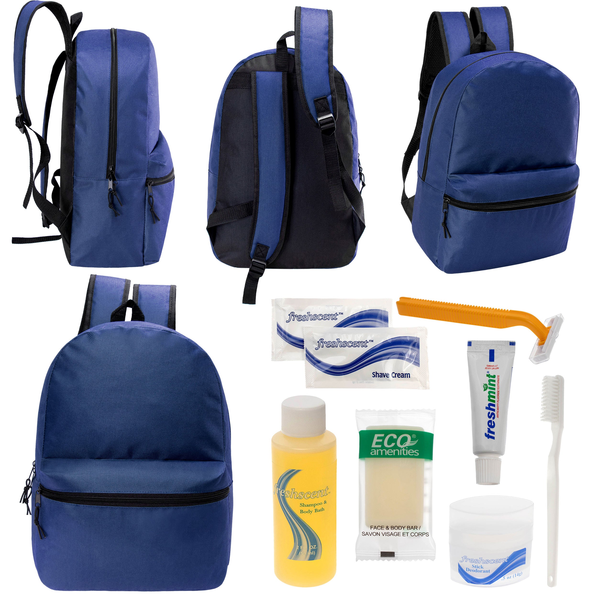 12 17" Classic Backpacks in Navy Blue & Your Choice of 12 Bulk Hygiene Kits - Wholesale Care Package: Homeless, Emergency, Charity