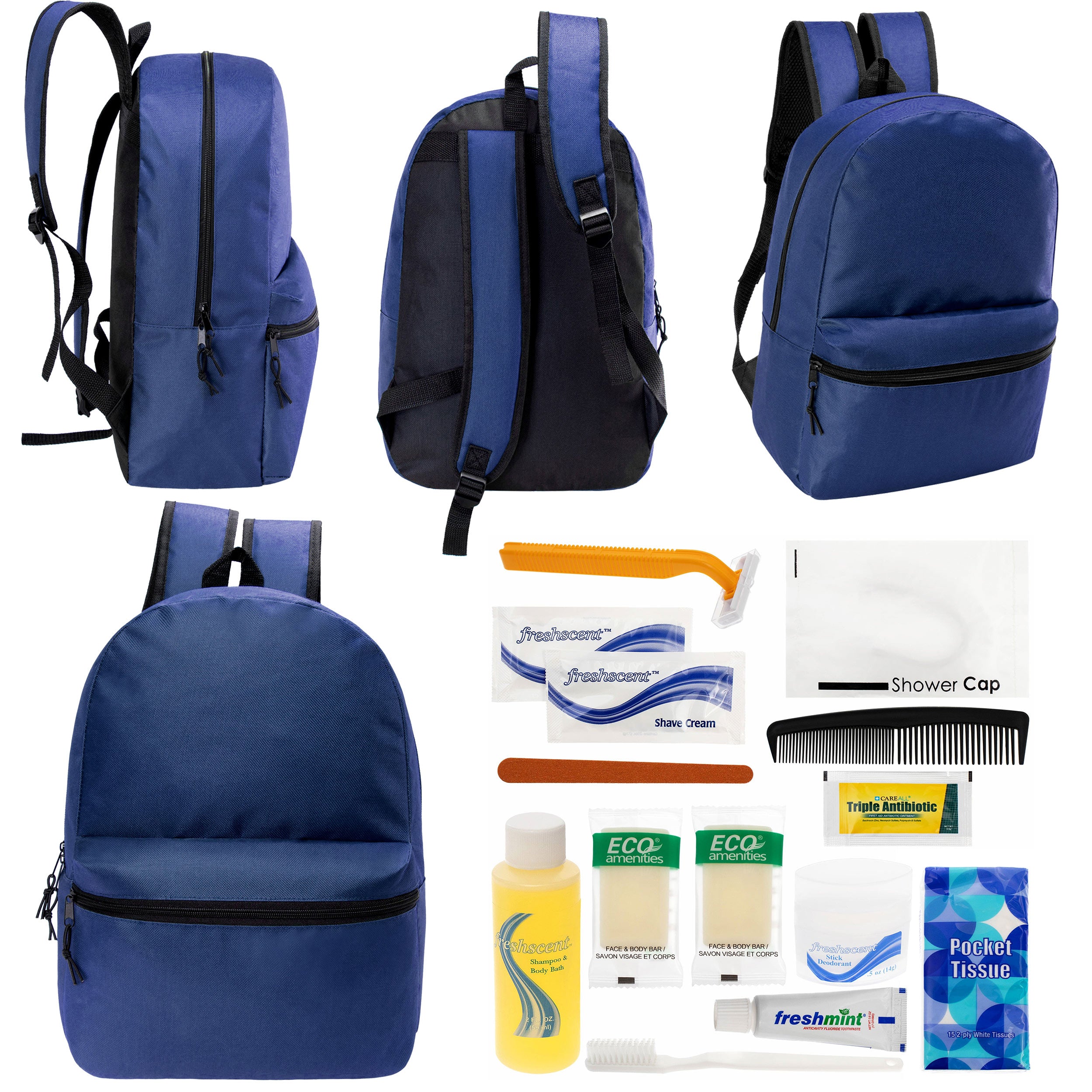 12 17" Classic Backpacks in Navy Blue & Your Choice of 12 Bulk Hygiene Kits - Wholesale Care Package: Homeless, Emergency, Charity