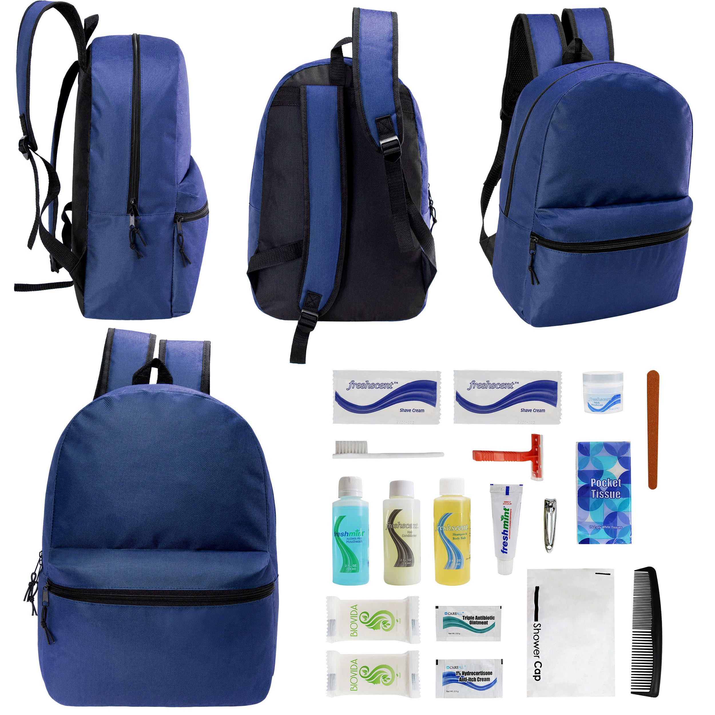12 17" Classic Backpacks in Navy Blue & Your Choice of 12 Bulk Hygiene Kits - Wholesale Care Package: Homeless, Emergency, Charity