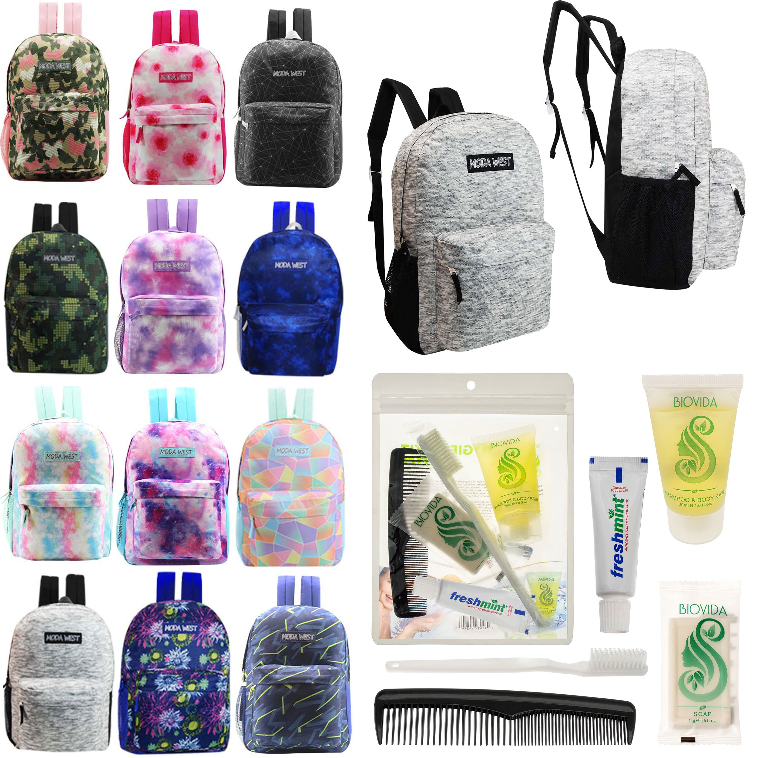 12 Patterned 17" Backpacks in Assorted Prints & Your Choice of 12 Bulk Hygiene Kits - Wholesale Care Package: Homeless, Emergency, Charity