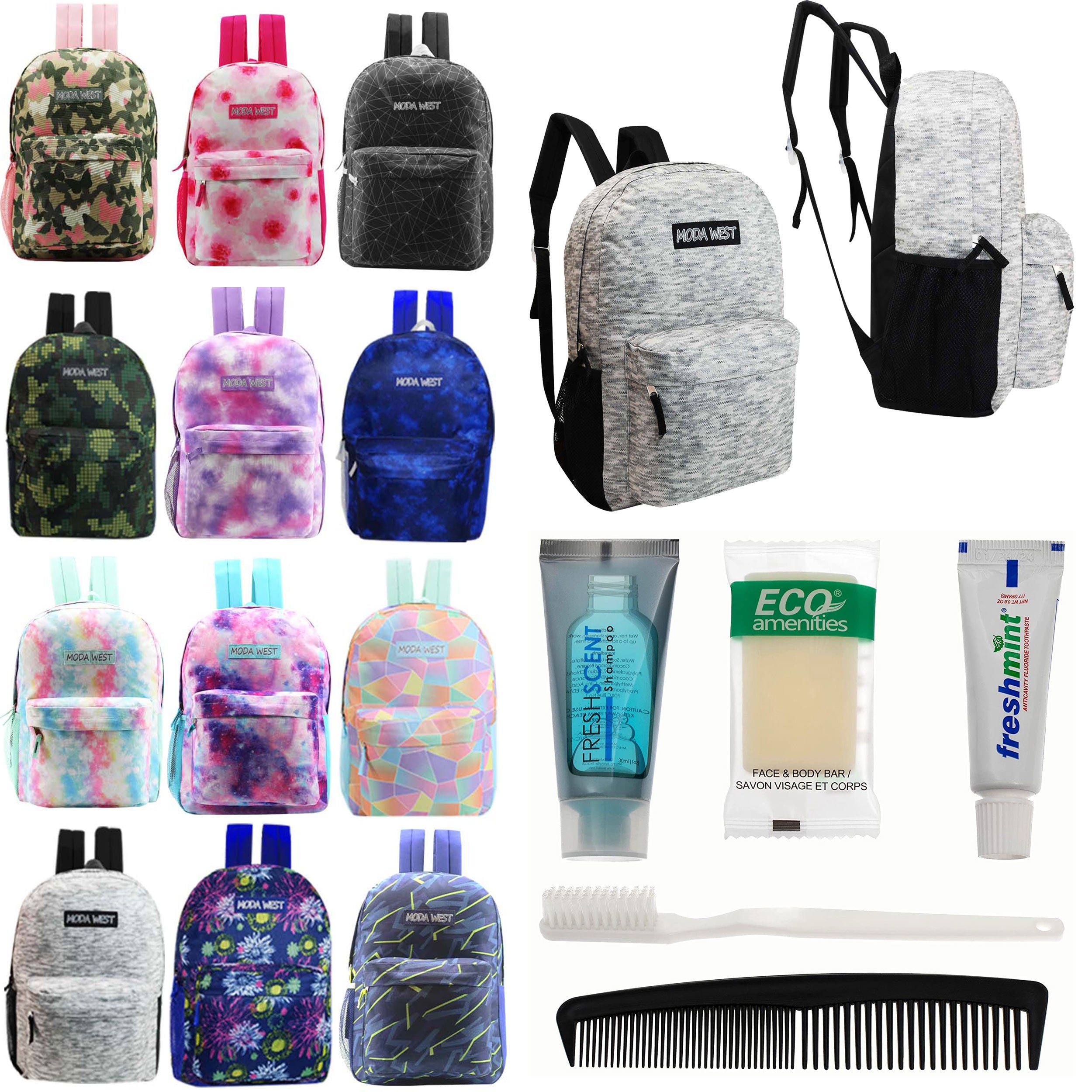 12 Patterned 17" Backpacks in Assorted Prints & Your Choice of 12 Bulk Hygiene Kits - Wholesale Care Package: Homeless, Emergency, Charity