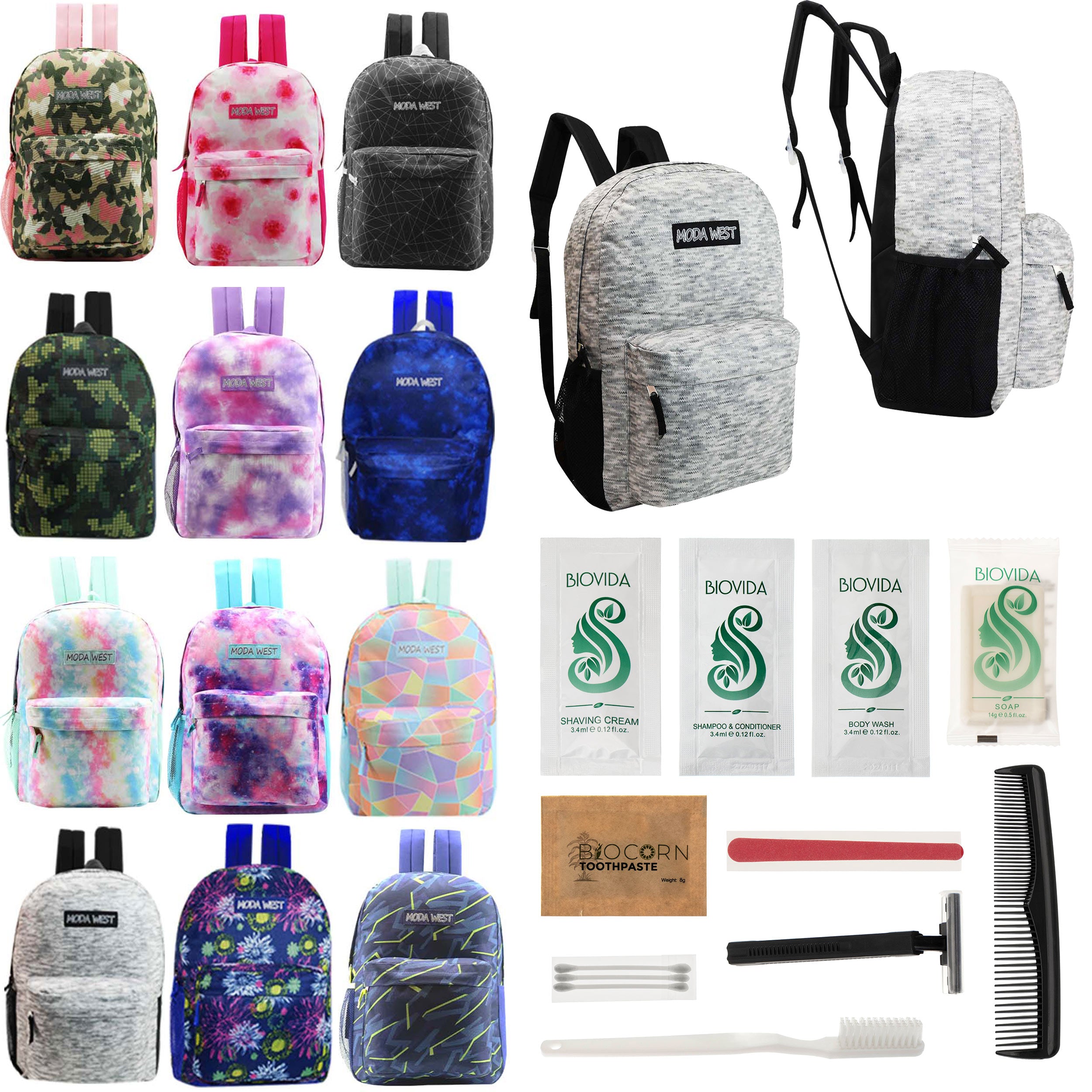12 Patterned 17" Backpacks in Assorted Prints & Your Choice of 12 Bulk Hygiene Kits - Wholesale Care Package: Homeless, Emergency, Charity