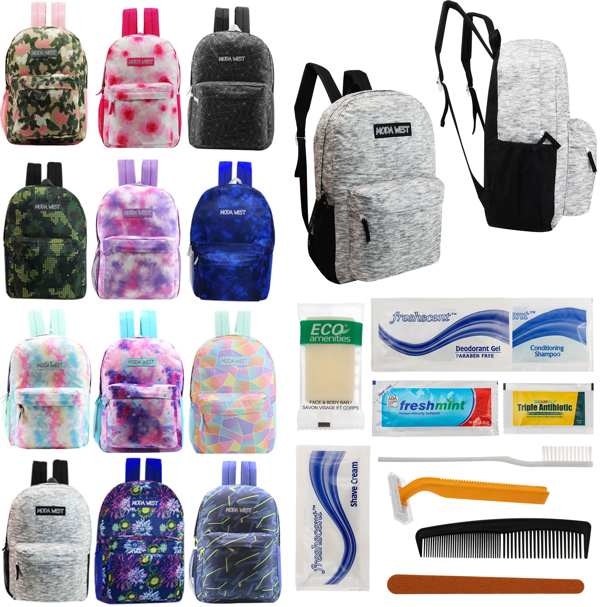 12 Patterned 17" Backpacks in Assorted Prints & Your Choice of 12 Bulk Hygiene Kits - Wholesale Care Package: Homeless, Emergency, Charity