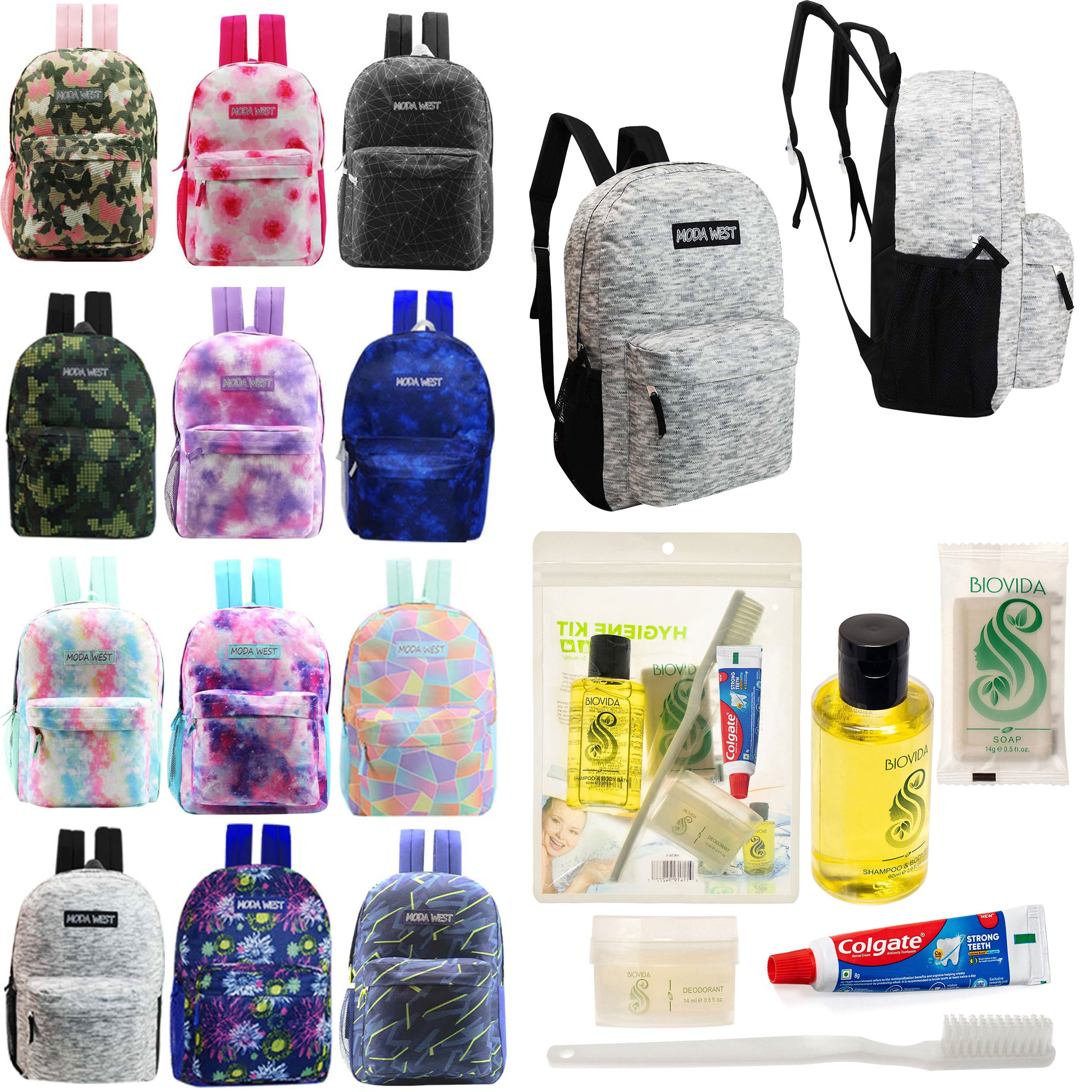 12 Patterned 17" Backpacks in Assorted Prints & Your Choice of 12 Bulk Hygiene Kits - Wholesale Care Package: Homeless, Emergency, Charity