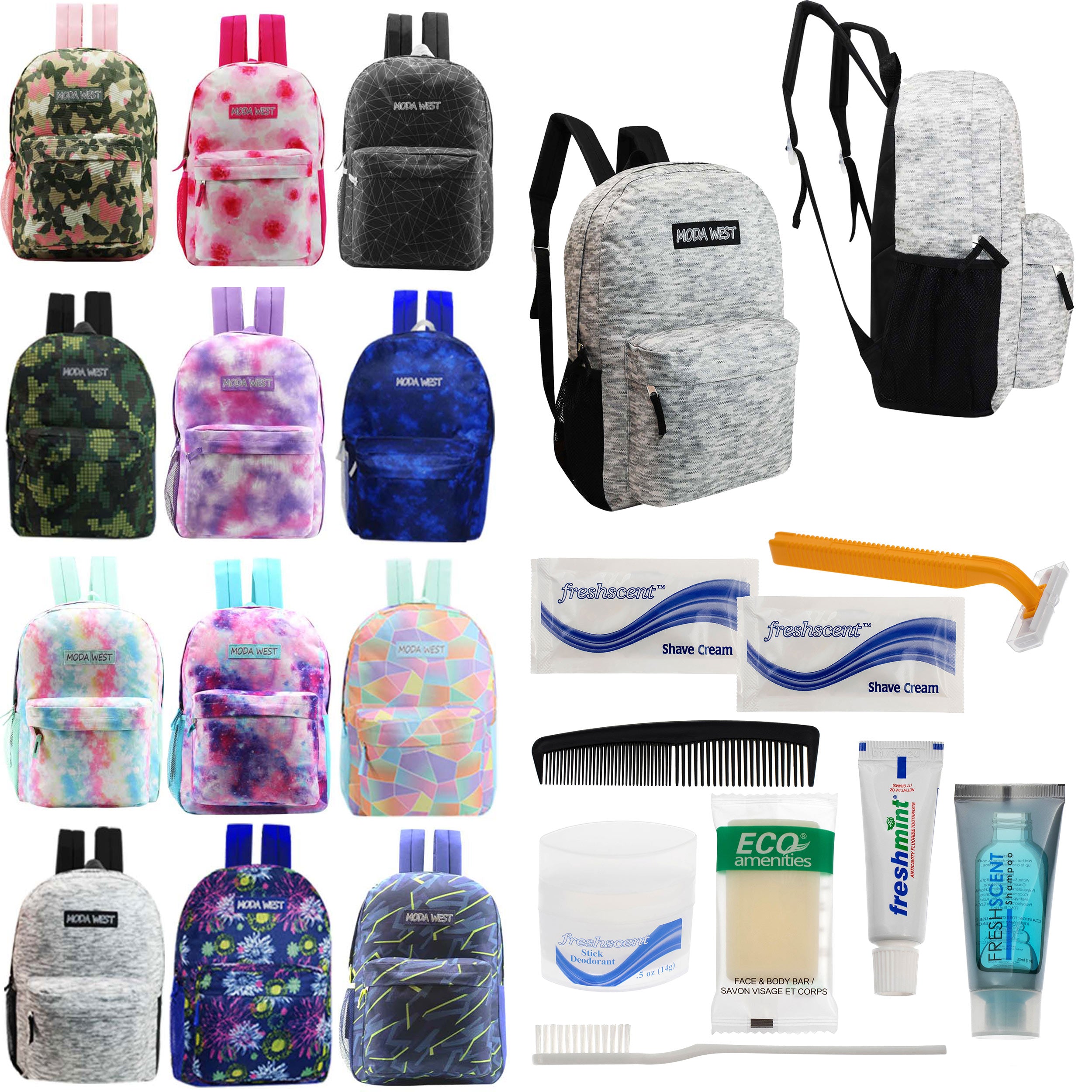 12 Patterned 17" Backpacks in Assorted Prints & Your Choice of 12 Bulk Hygiene Kits - Wholesale Care Package: Homeless, Emergency, Charity