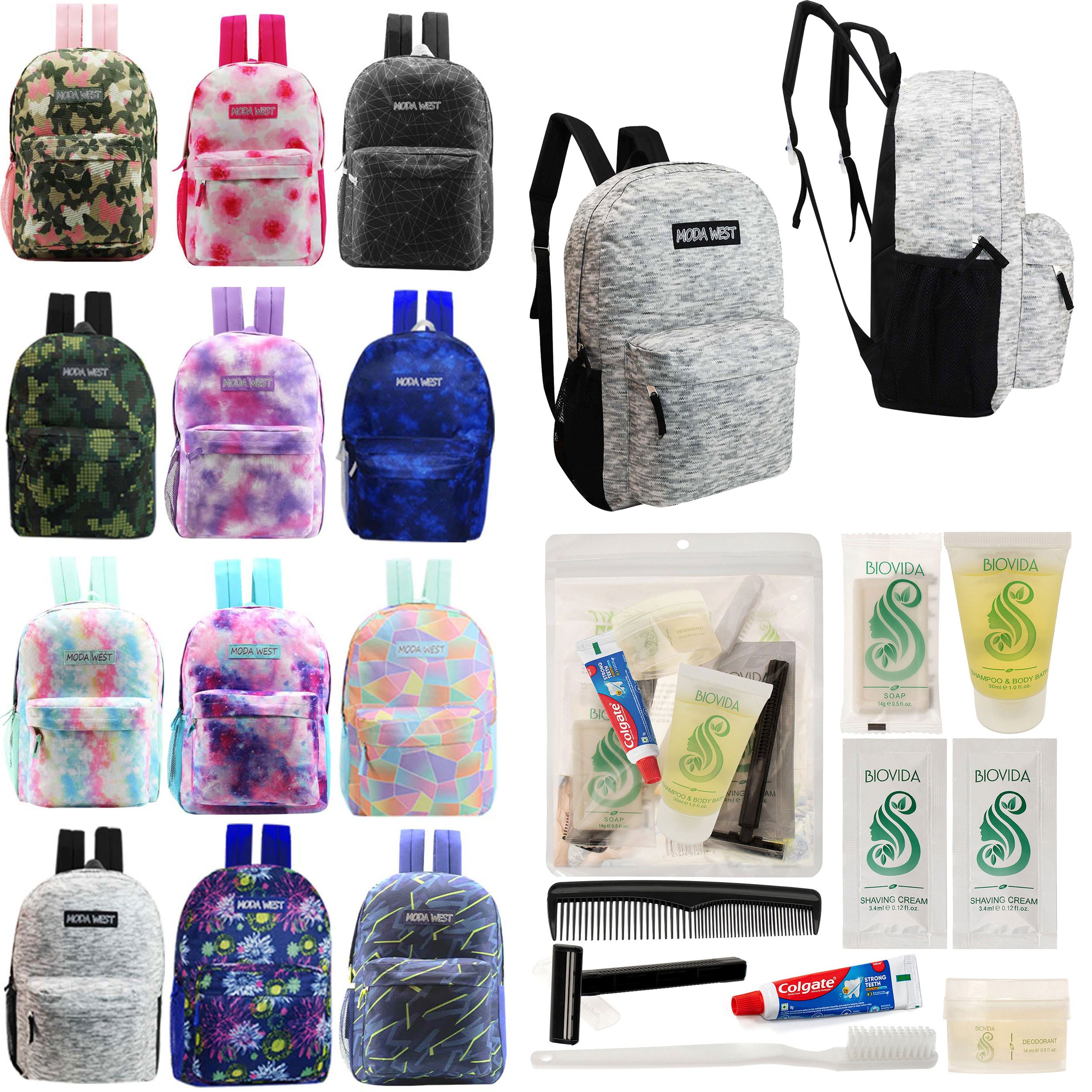 12 Patterned 17" Backpacks in Assorted Prints & Your Choice of 12 Bulk Hygiene Kits - Wholesale Care Package: Homeless, Emergency, Charity
