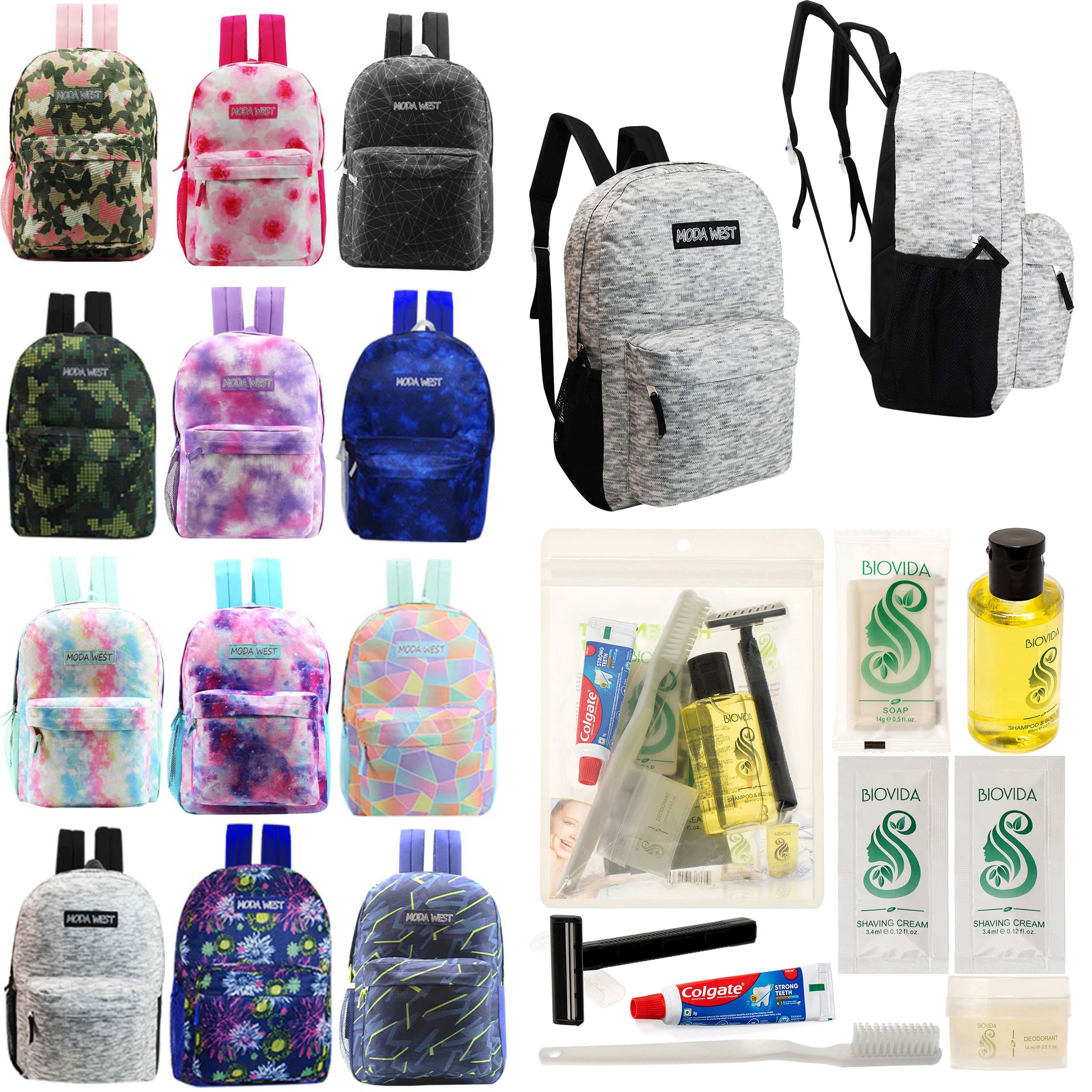 12 Patterned 17" Backpacks in Assorted Prints & Your Choice of 12 Bulk Hygiene Kits - Wholesale Care Package: Homeless, Emergency, Charity