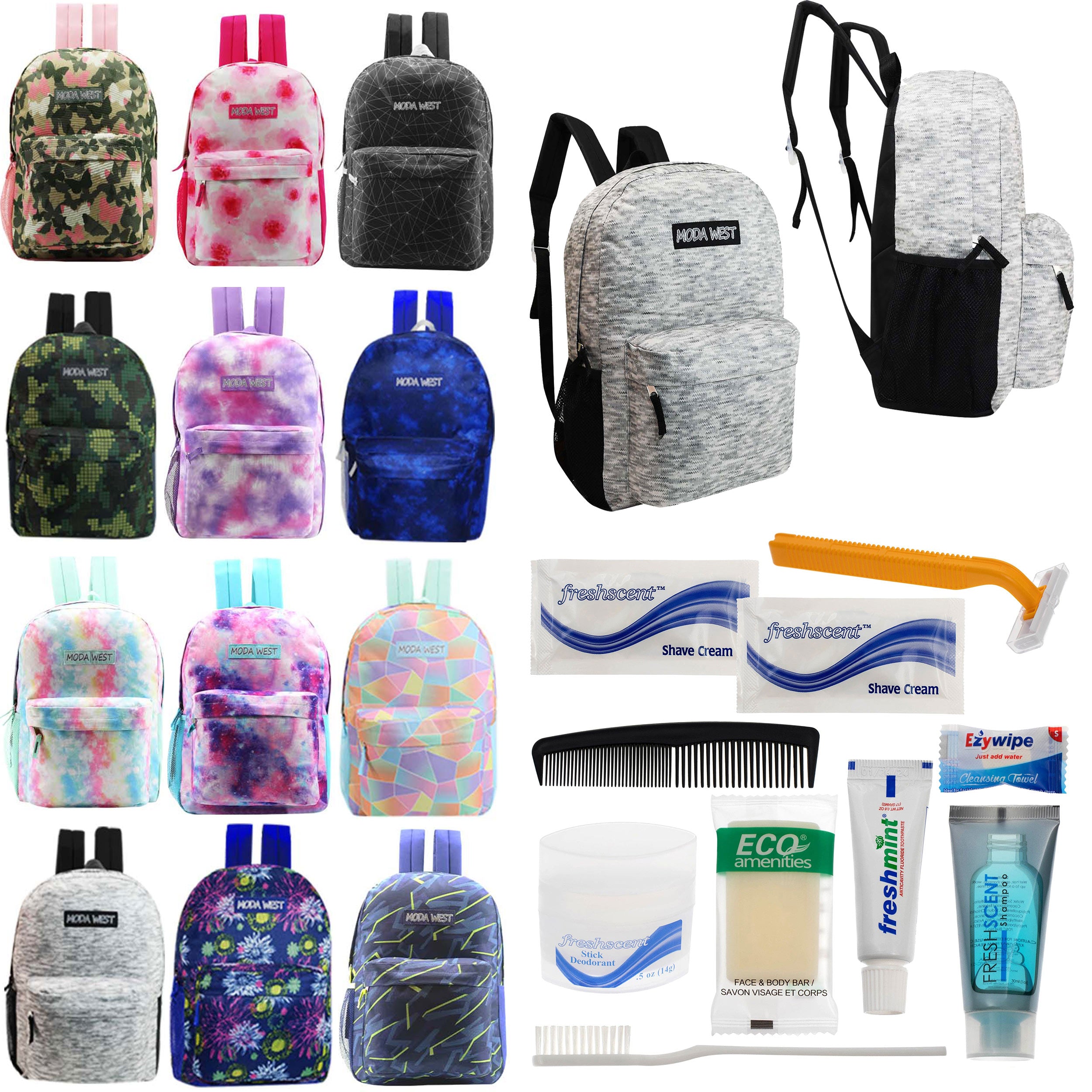 12 Patterned 17" Backpacks in Assorted Prints & Your Choice of 12 Bulk Hygiene Kits - Wholesale Care Package: Homeless, Emergency, Charity