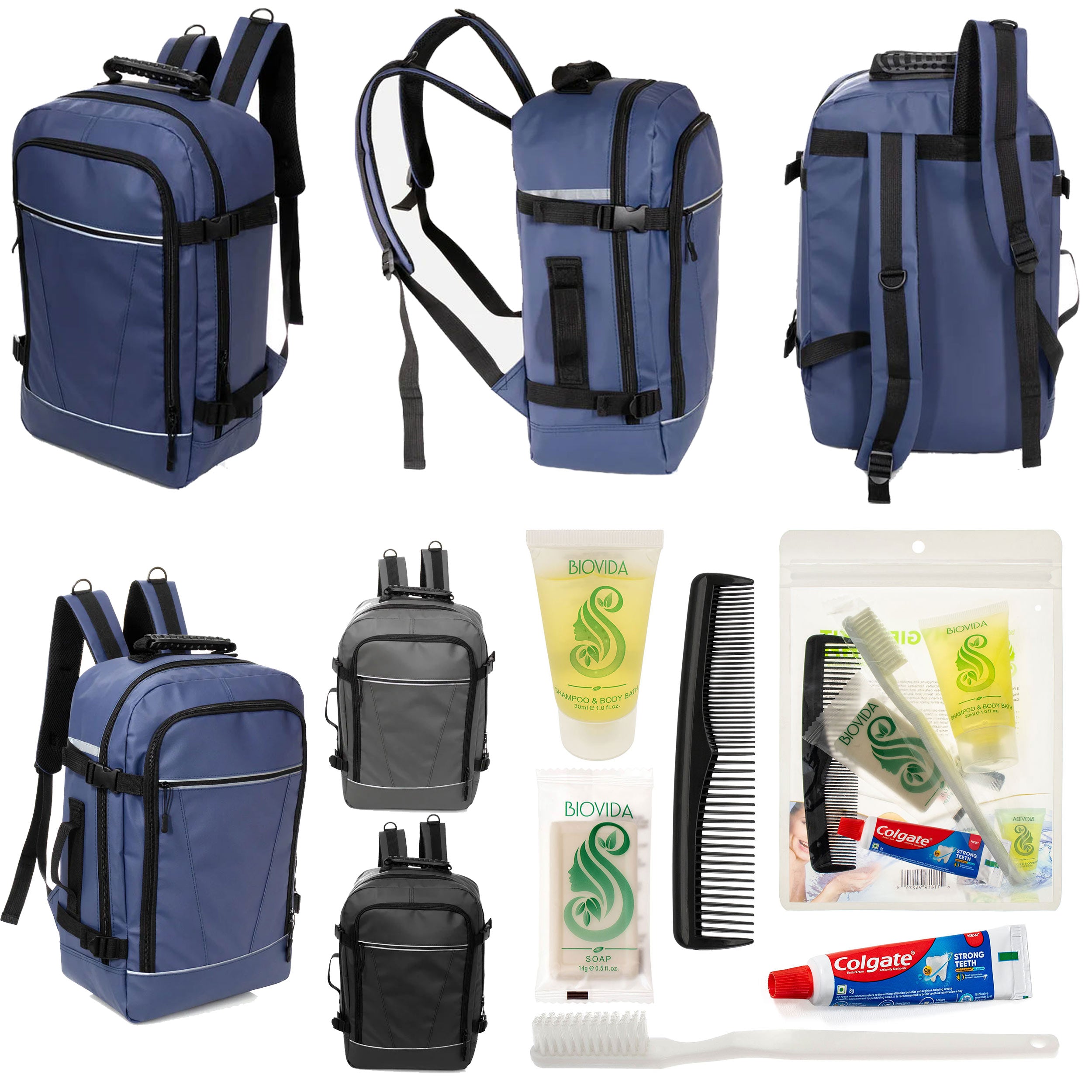 12 Deluxe 18" Travel Backpacks in 3 Colors & Your Choice of 12 Bulk Hygiene Kits - Wholesale Care Package: Homeless, Emergency, Charity