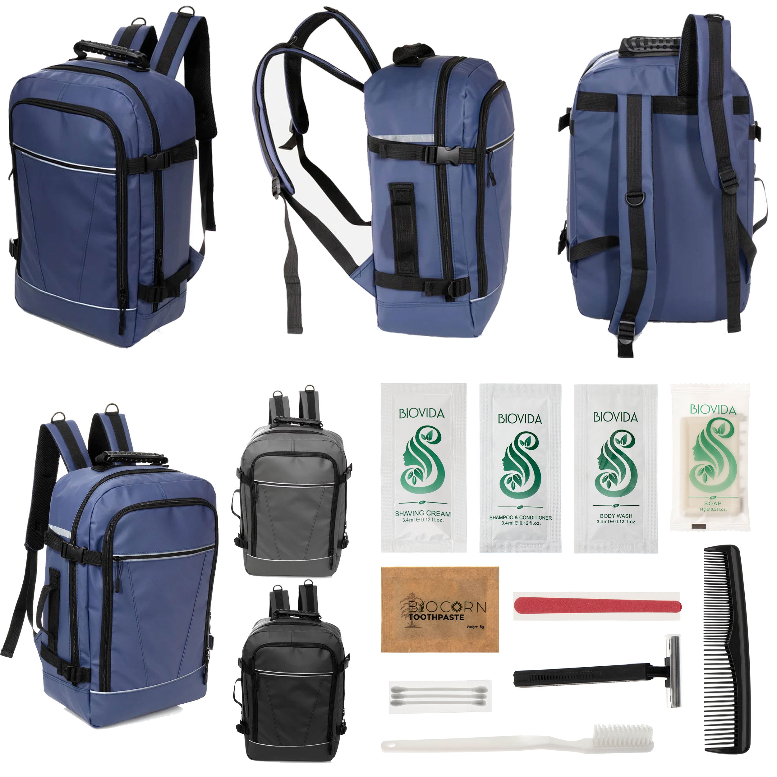 12 Deluxe 18" Travel Backpacks in 3 Colors & Your Choice of 12 Bulk Hygiene Kits - Wholesale Care Package: Homeless, Emergency, Charity