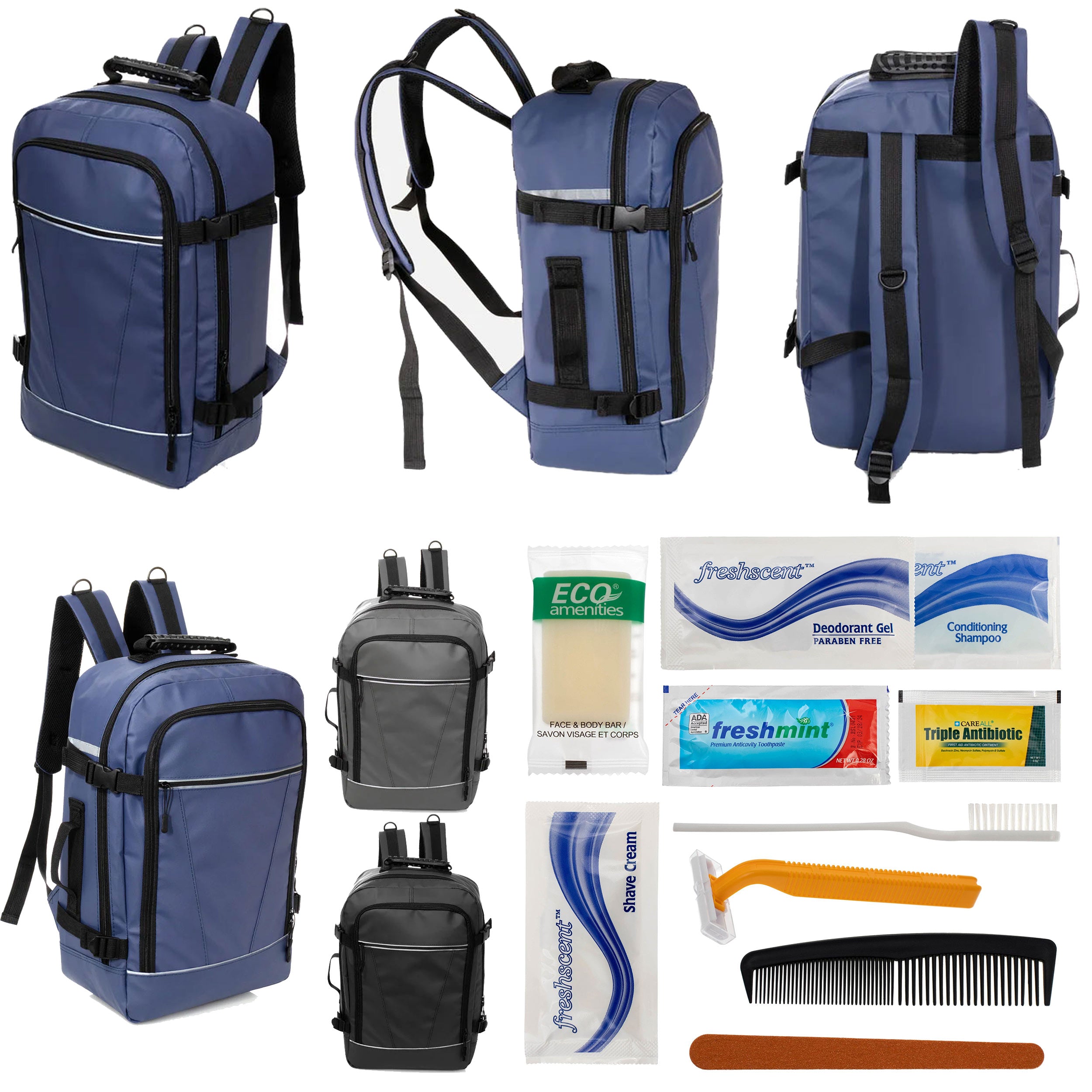 12 Deluxe 18" Travel Backpacks in 3 Colors & Your Choice of 12 Bulk Hygiene Kits - Wholesale Care Package: Homeless, Emergency, Charity