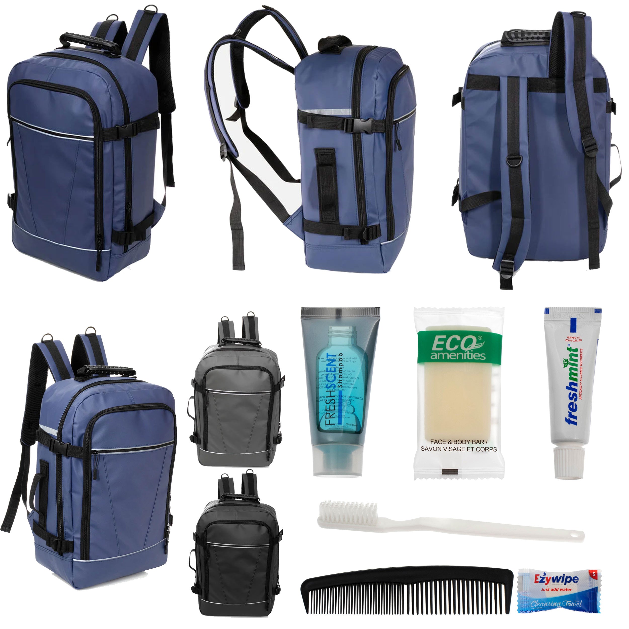 12 Deluxe 18" Travel Backpacks in 3 Colors & Your Choice of 12 Bulk Hygiene Kits - Wholesale Care Package: Homeless, Emergency, Charity
