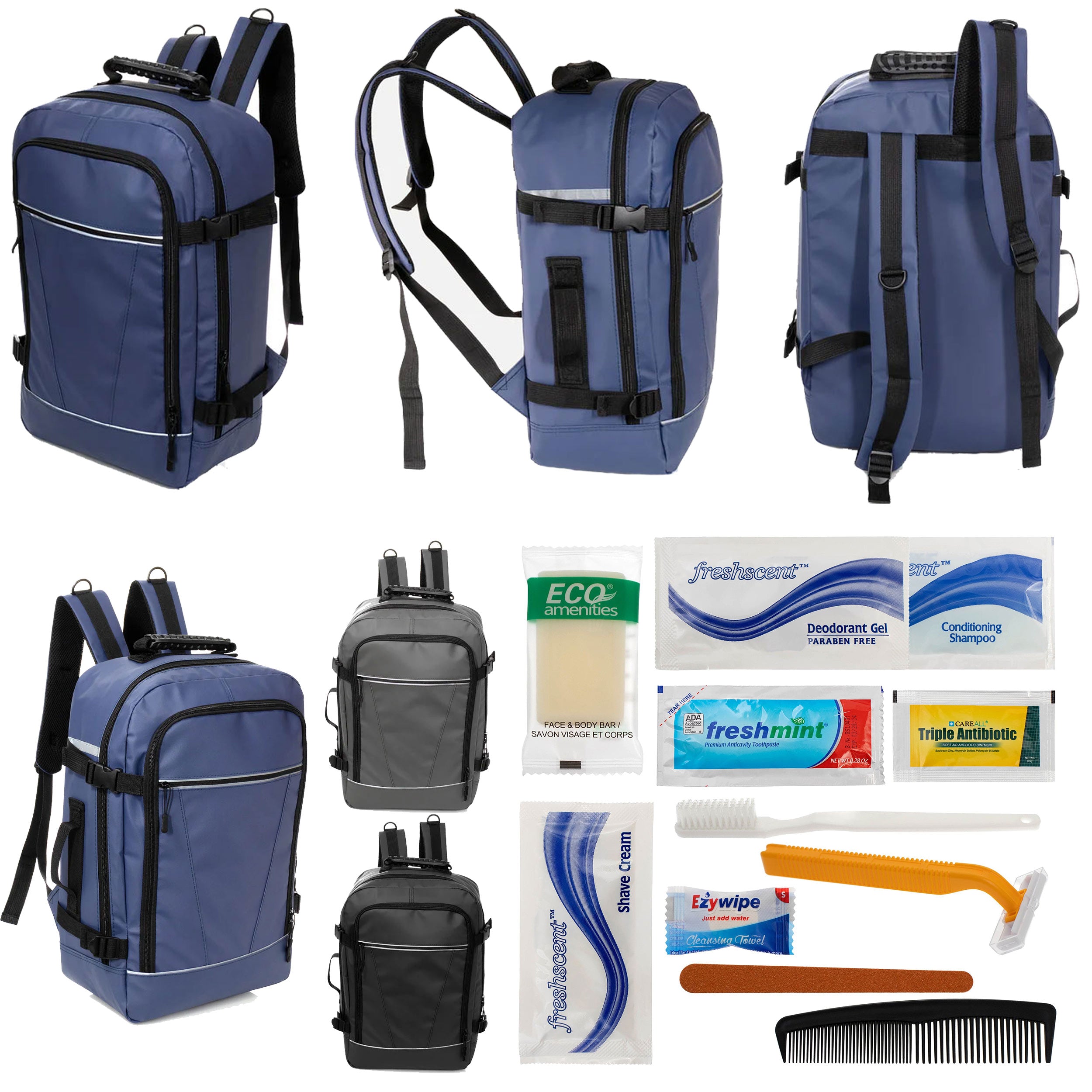 12 Deluxe 18" Travel Backpacks in 3 Colors & Your Choice of 12 Bulk Hygiene Kits - Wholesale Care Package: Homeless, Emergency, Charity