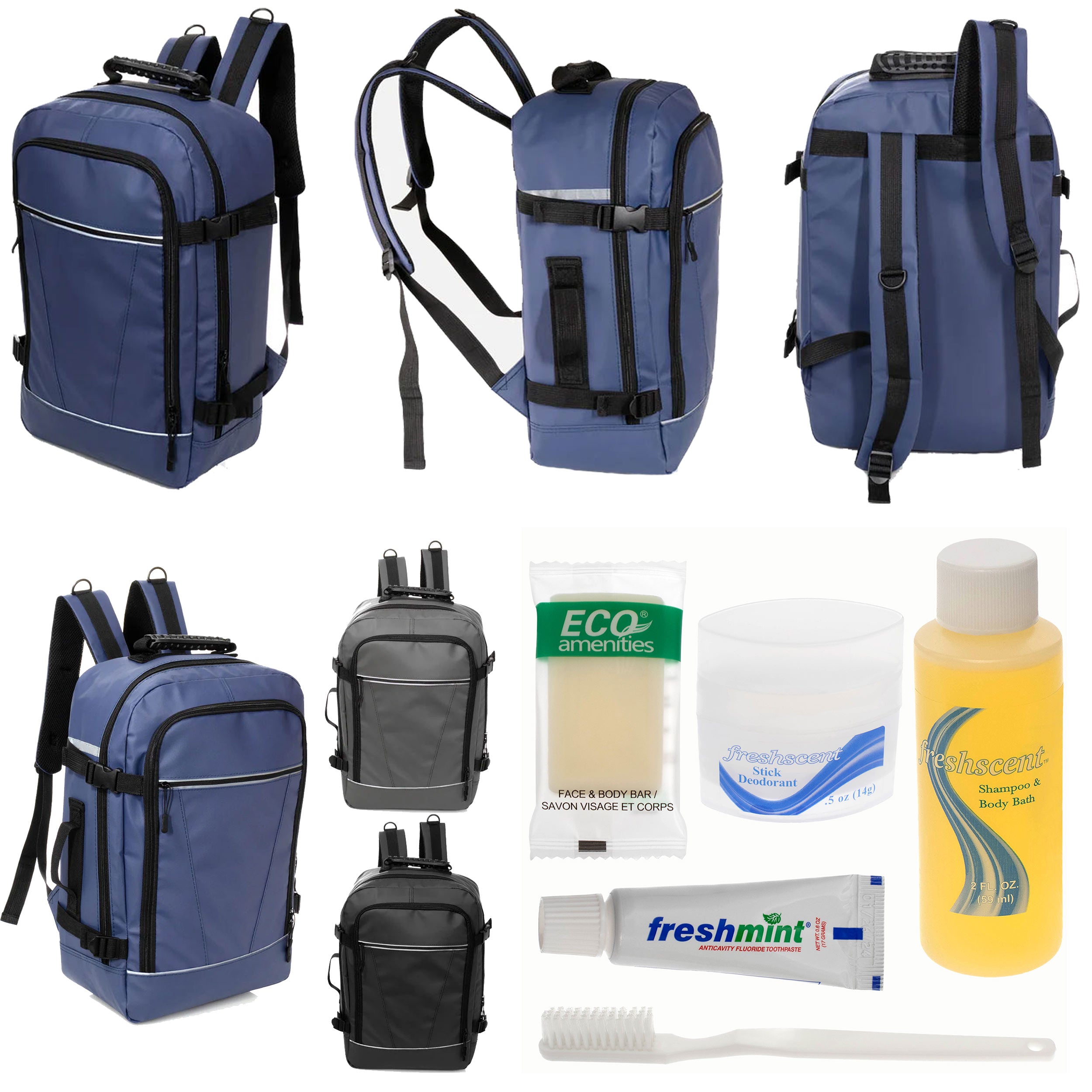 12 Deluxe 18" Travel Backpacks in 3 Colors & Your Choice of 12 Bulk Hygiene Kits - Wholesale Care Package: Homeless, Emergency, Charity
