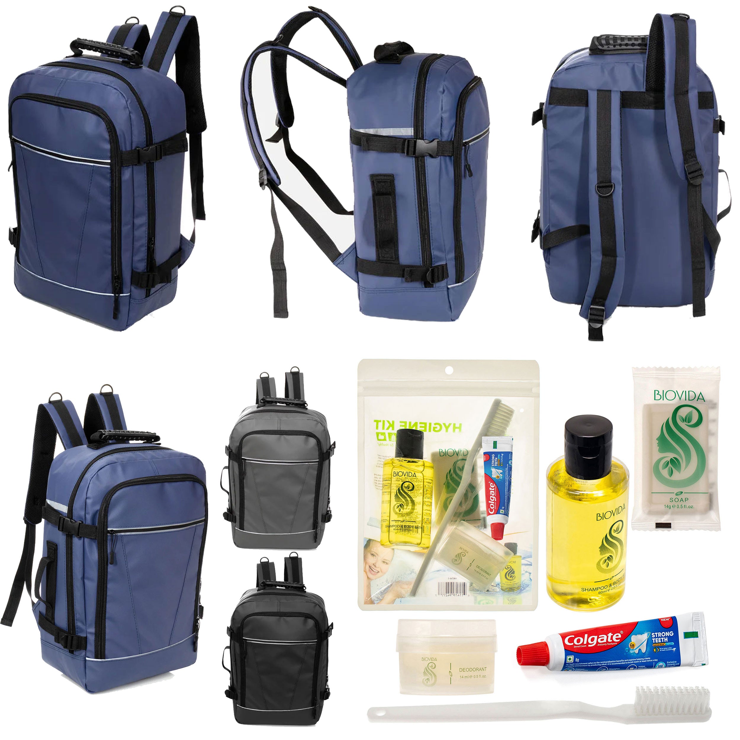 12 Deluxe 18" Travel Backpacks in 3 Colors & Your Choice of 12 Bulk Hygiene Kits - Wholesale Care Package: Homeless, Emergency, Charity